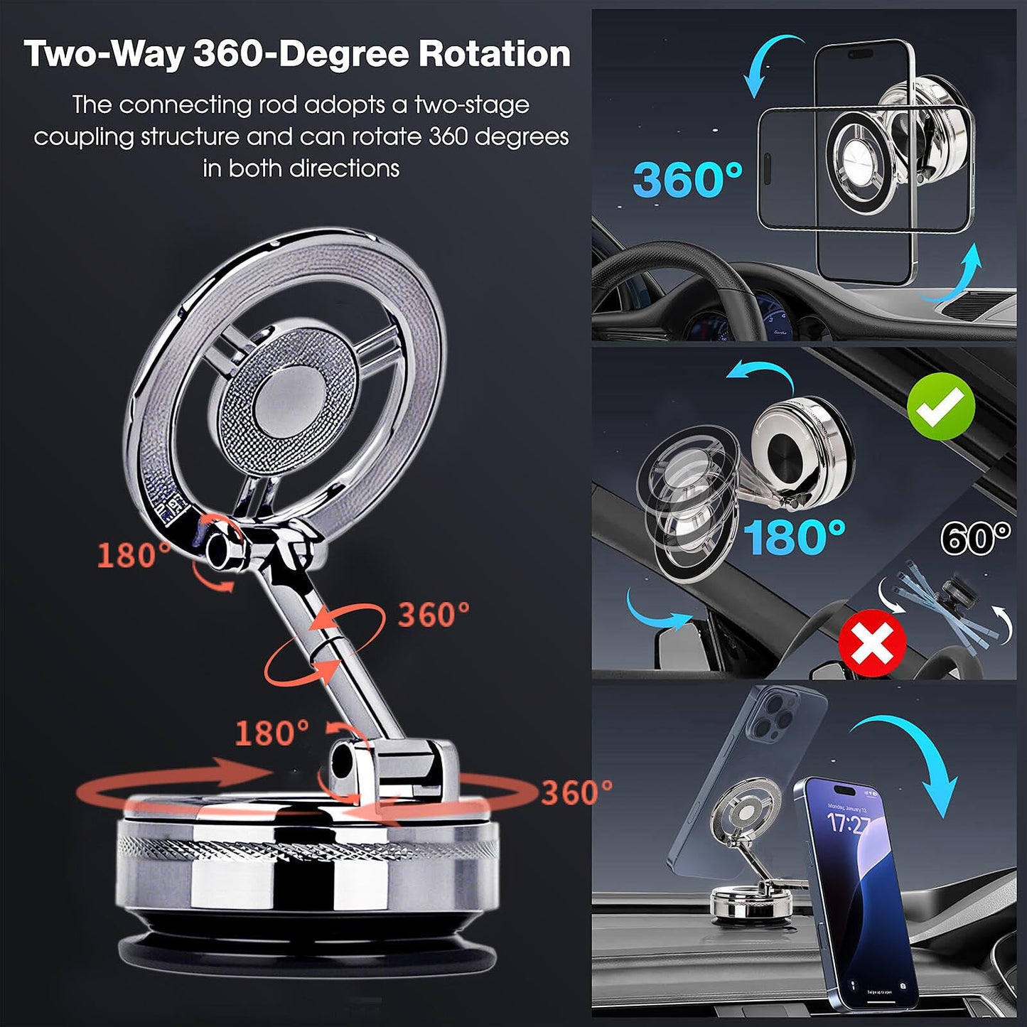 Car Phone Holder - 360° Rotation Alloy Phone Mount for Car, Magnetic Compatible, Nano Gel Suction Cup, for Dashboard/Desk, Fits iPhone, All