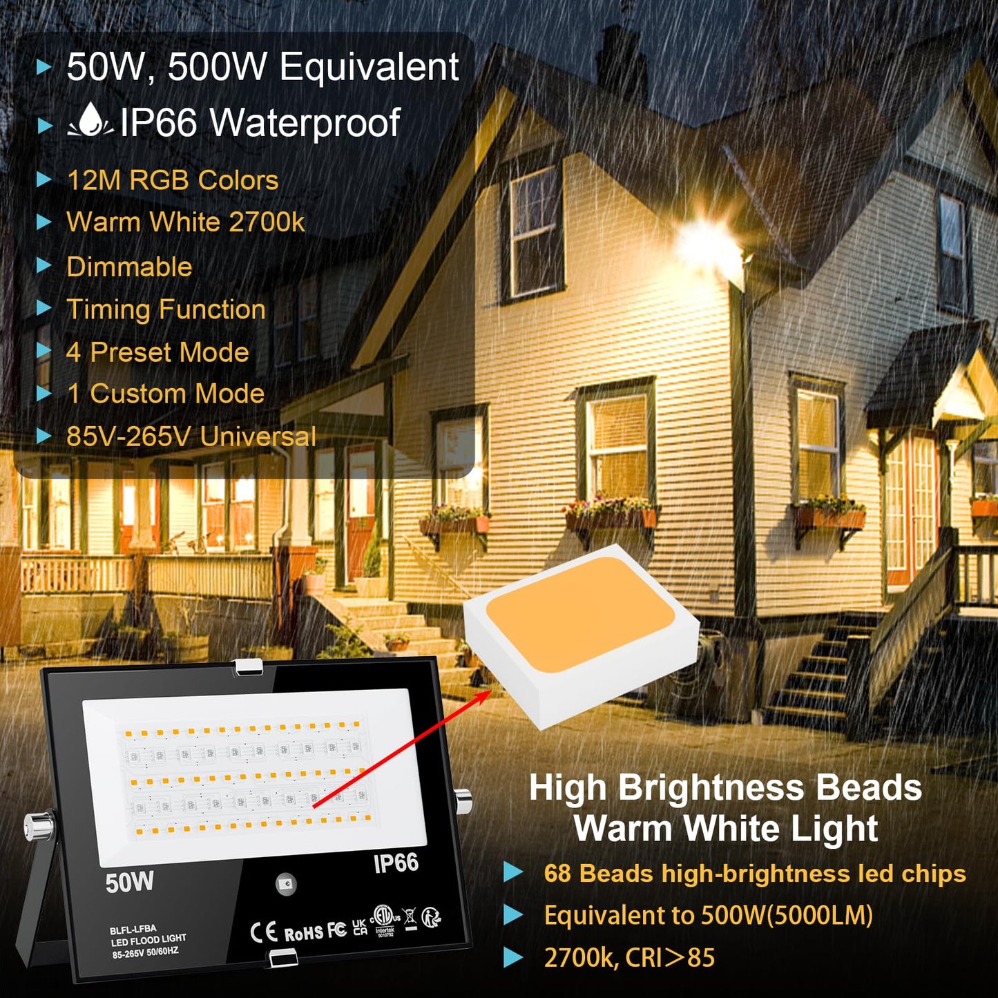 LED Flood Light Outdoor 500W Equivalent Color Changing Landscape Lighting, 24H Timing+120 Colors Strobe+2700K Warm White+DIY Flash, IP66 Waterproof Up
