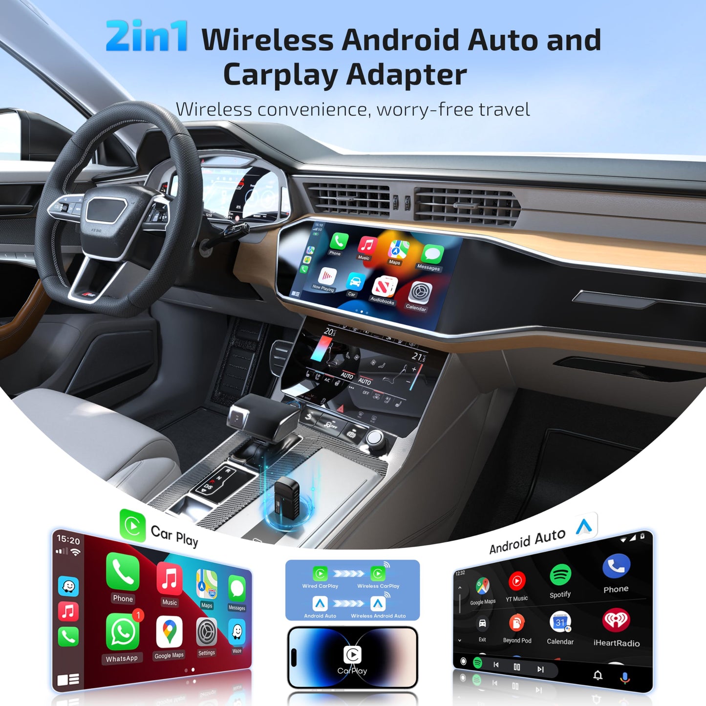 ByteWave Wireless Android Auto & CarPlay Adapter 2-in-1 Converts Wired to Wireless 2025 Upgraded, Plug-and-Play Dongle with Low Latency, Connect