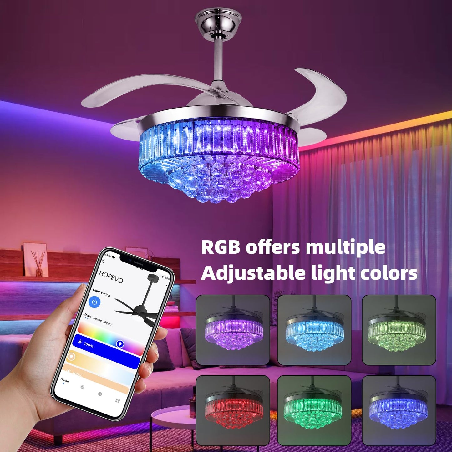 42" Smart Retractable Crystal Ceiling Fan with Light: Alexa/Google Home & Remote, Bluetooth Speaker, Dimmable RGB Light, 6-Speed Reversible Fandelier