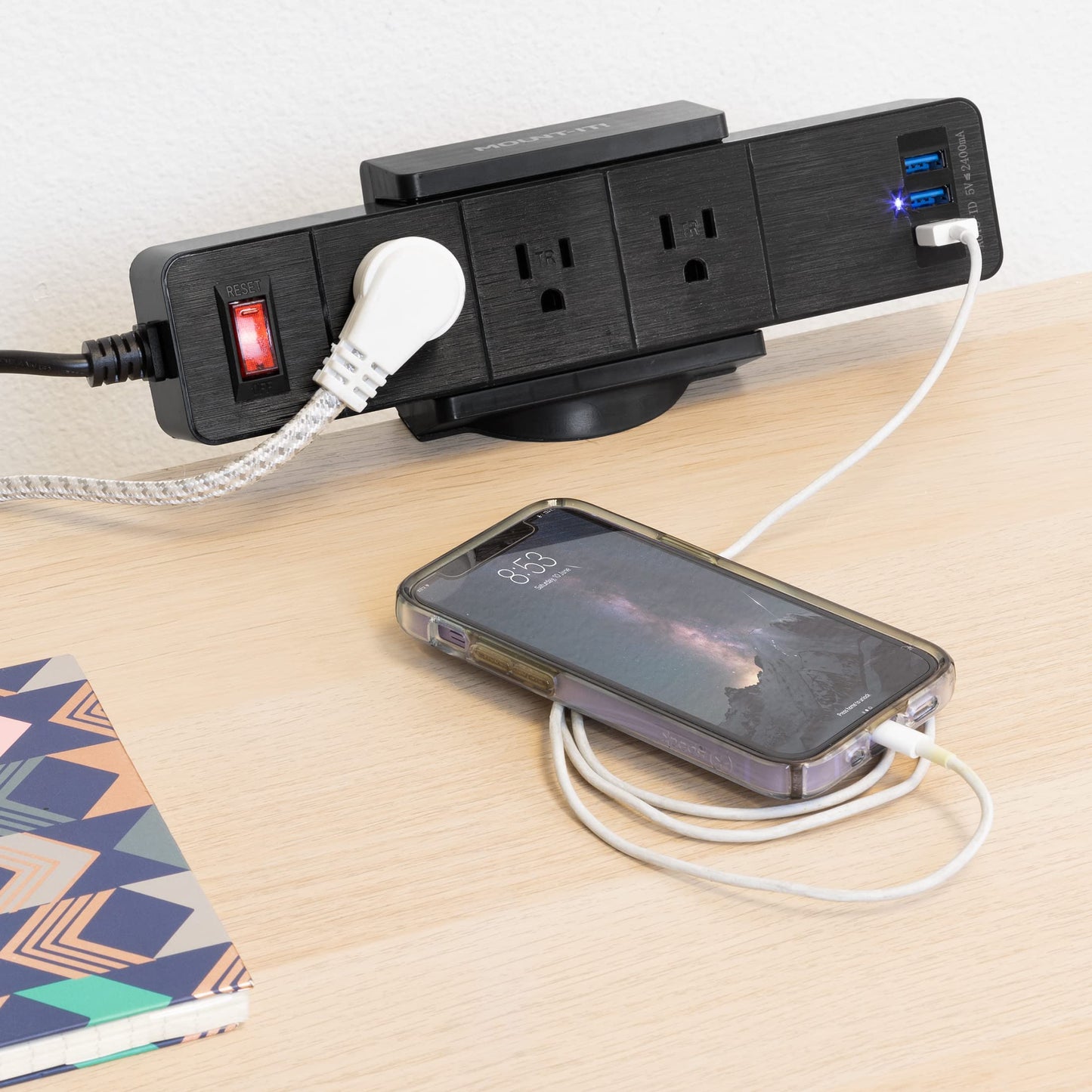 Mount-It! Power Strip Holder Clamp Desk Mount with Included Surge Protector | Black Desktop Power Outlet with 3 USB Ports and 3 AC Power Outlets |