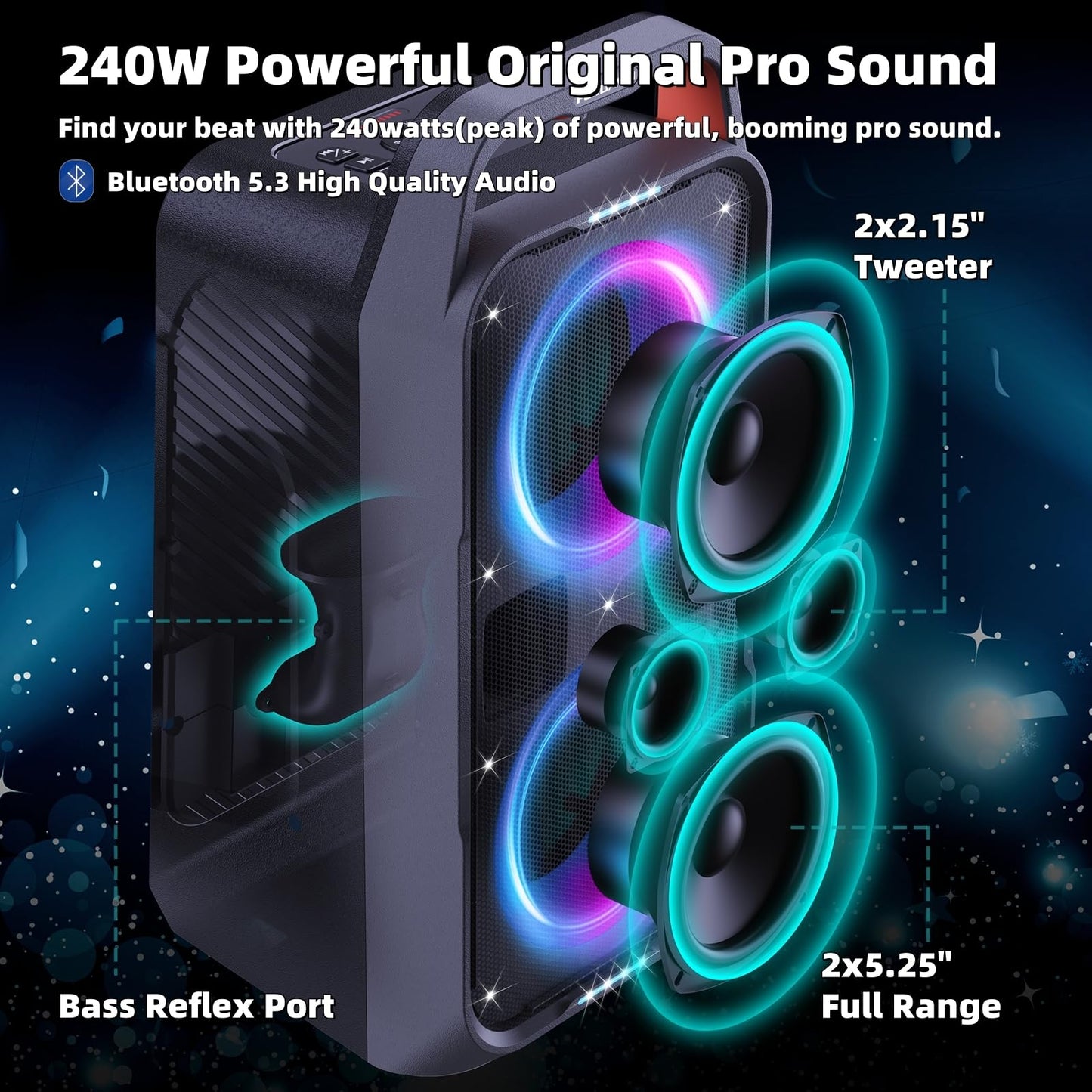Foxdawn Portable Bluetooth Speaker: 240W Peak Powerful Loud Sound Deep Bass Wireless Boombox Large Subwoofer 15 Hours Battery Life Fast Charging