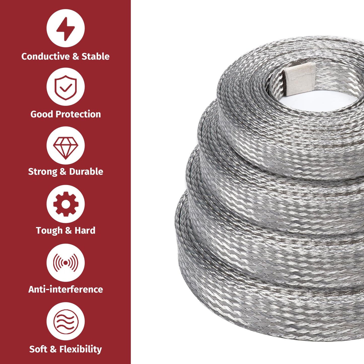 BuyUneed Tinned Copper Metal Braid Sleeving Wire Shielding Sleeve Braided Copper Ground Straps EMI/RFI Interference Expandable Flat Mesh Shielding