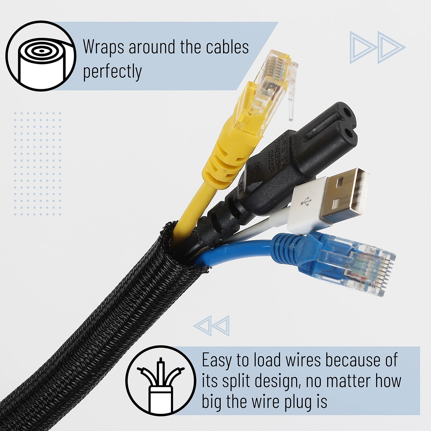 Bates 1/2 inch 10ft Long Cable Management Sleeve - Split Sleeve Wire Wrap, Secure Cord Protection
