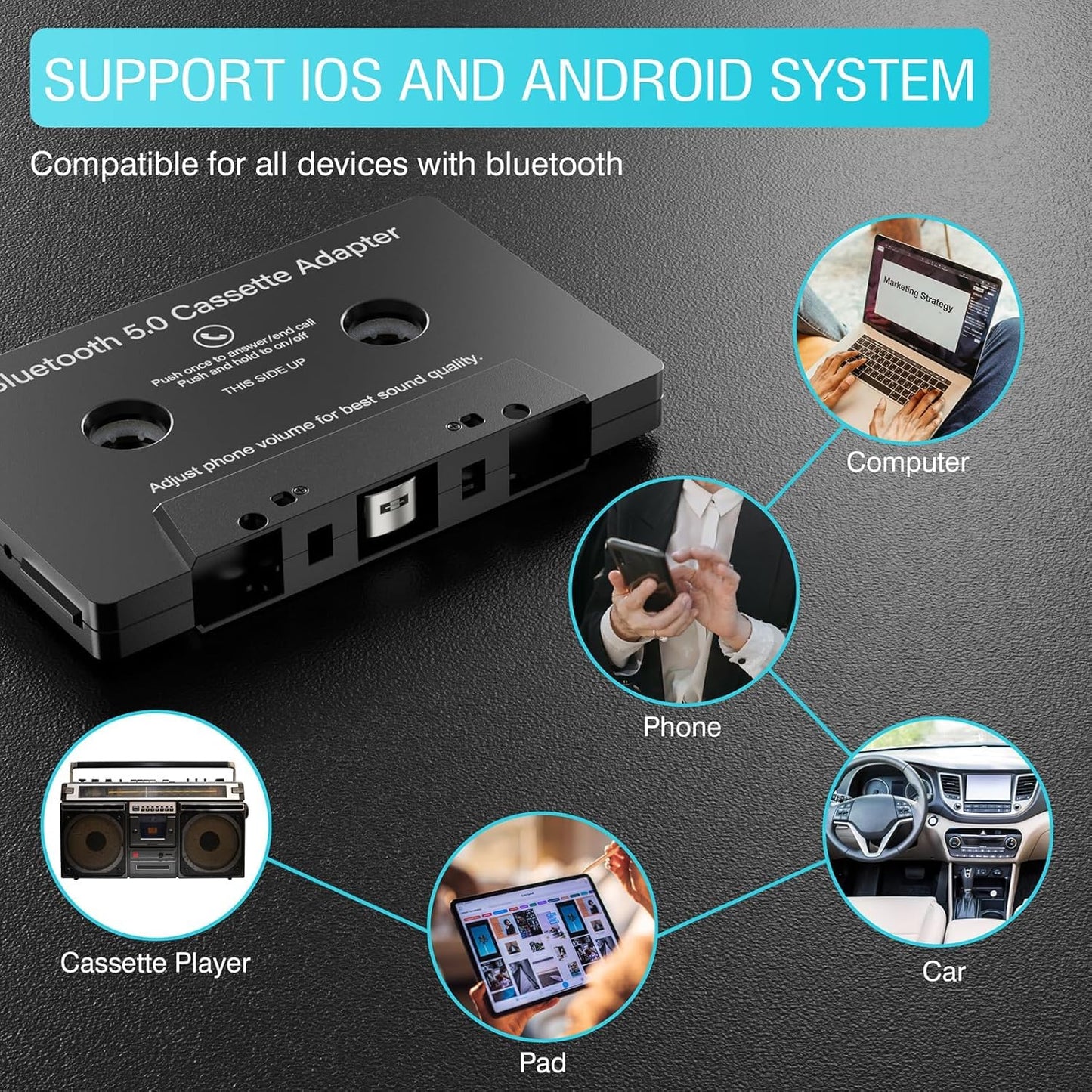 Car Audio Bluetooth 5.0 Cassette Receiver, Cassette Bluetooth Adapter for Car Tape Player, Wireless Cassette Aux Adapter with Hands-Free Calling