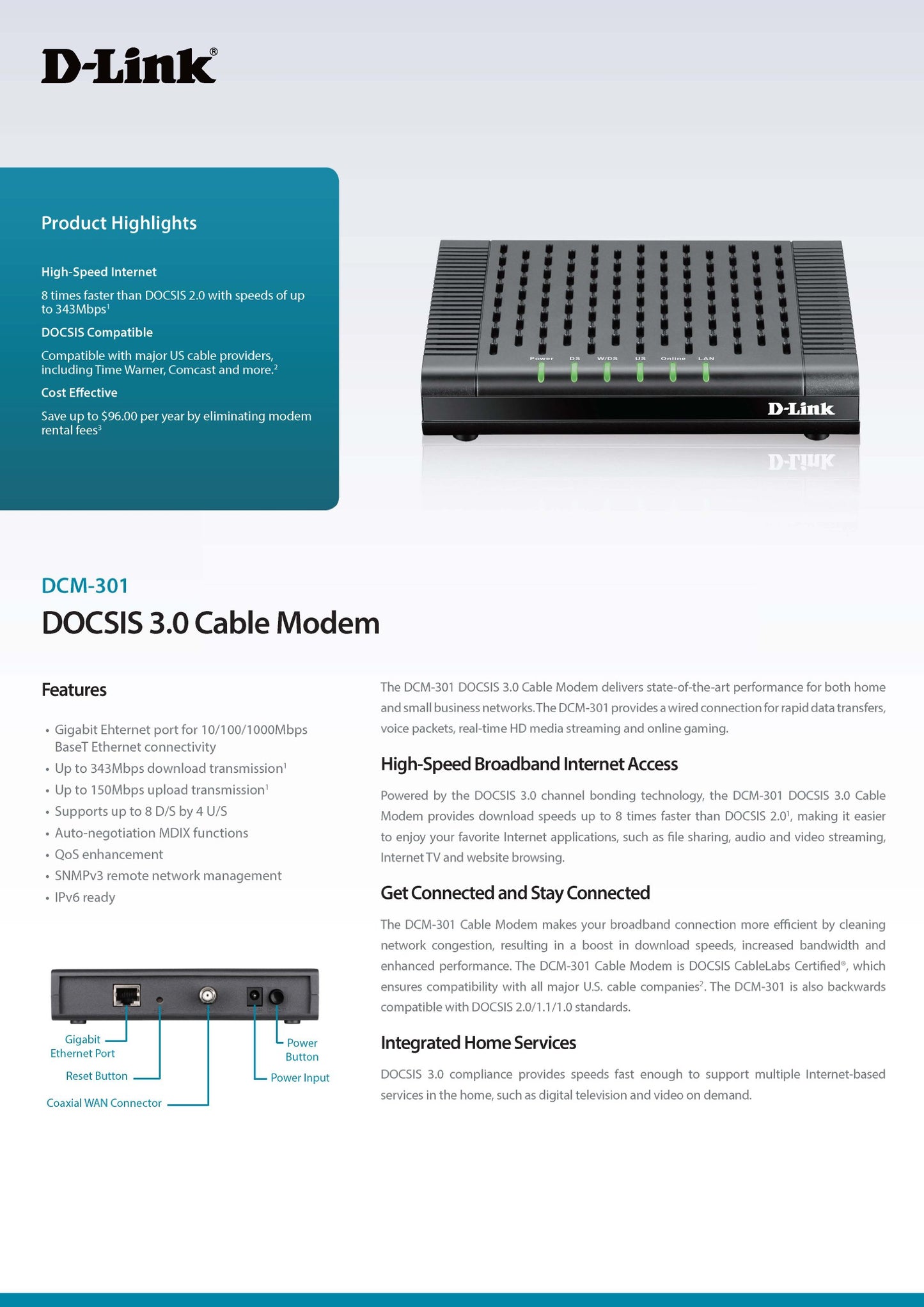D-Link DOCSIS 3.0 Cable Modem (DCM-301) Compatible with Comcast Xfinity, Time Warner Cable, Charter, Cox, Cablevision, and More