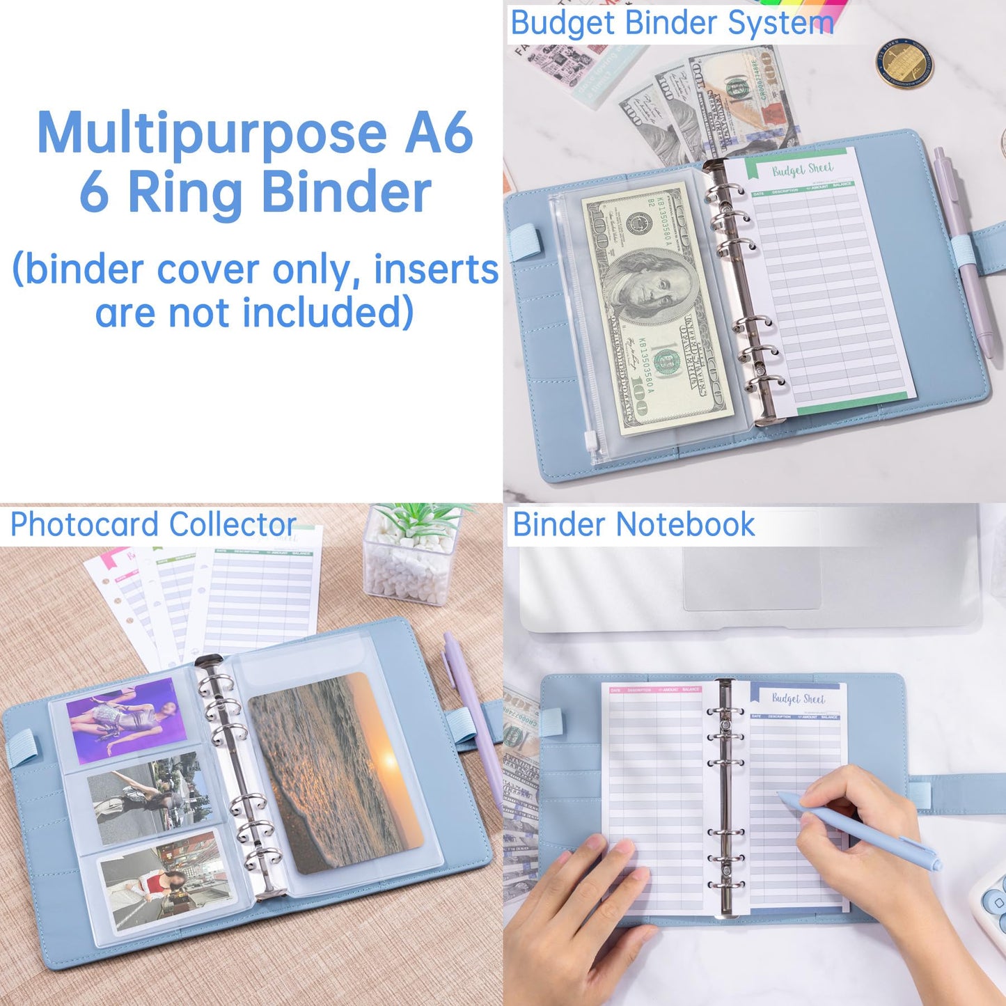 Antner A6 Binder 6 Ring Refillable Notebook Budget Planner for A6 Filler Paper, PU Leather Loose Leaf Personal Planner Wallet Money Organizer Cash