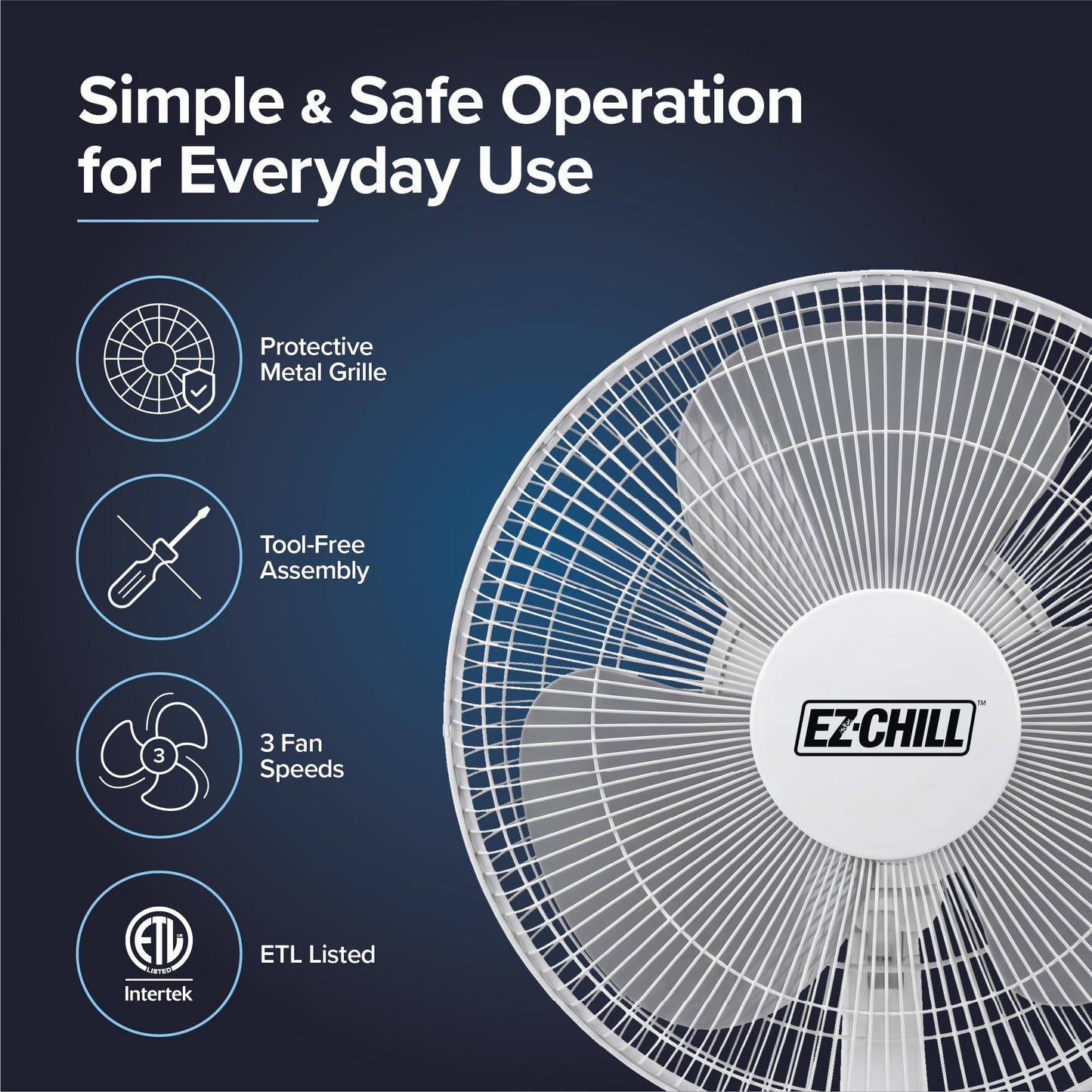 EZ-CHILL 16” Oscillating Table Fan with Adjustable Tilt, Convenient Push Button Controls, Quiet, 3 Speed, Desk Fan, Airflow 15.75 ft/sec, Ideal