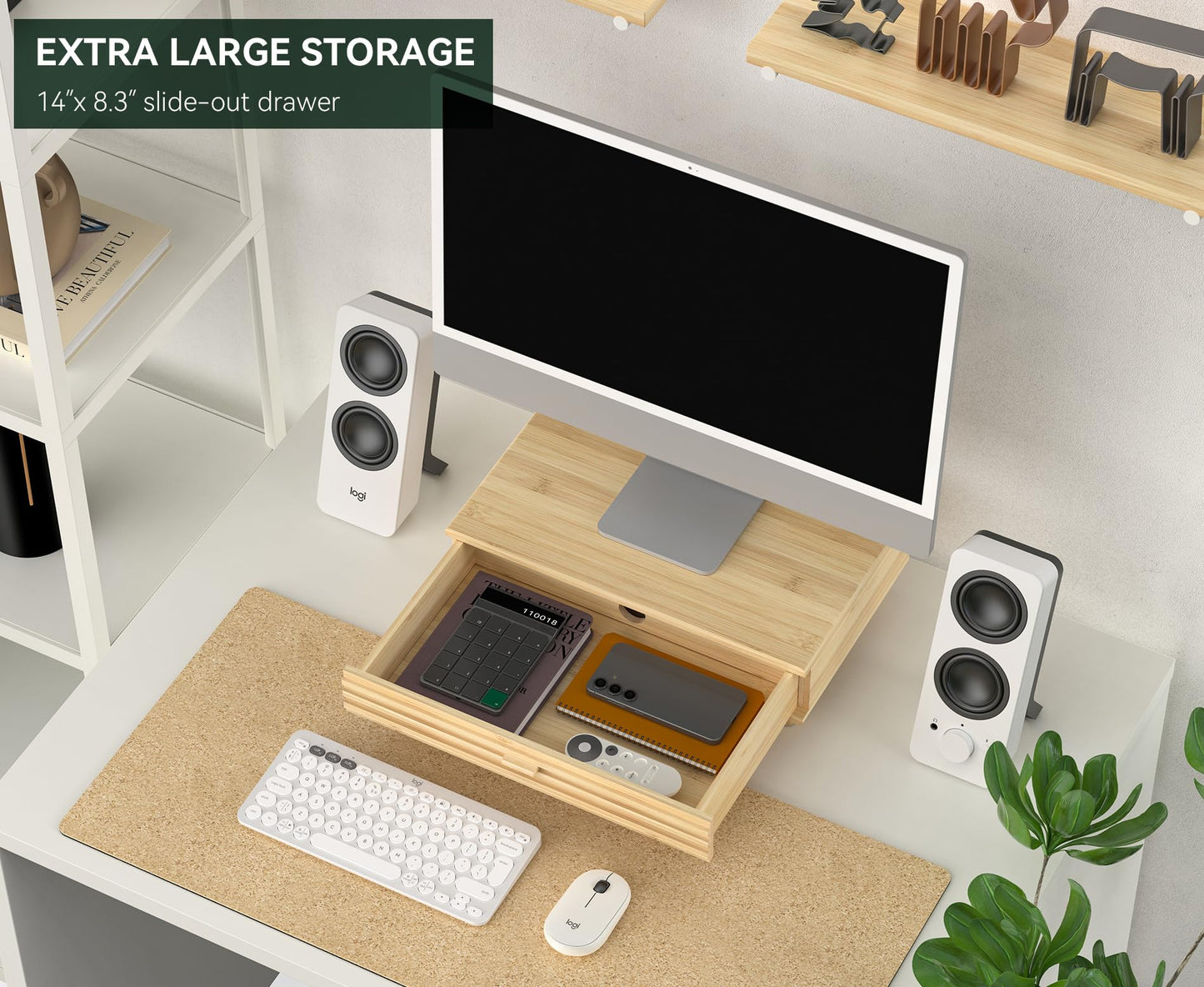 WELL WENG Bamboo Monitor Stand with Drawer - Desk Organizer with Cable Management & Storage, Ergonomic Laptop Riser for Home Office (220lbs Capacity