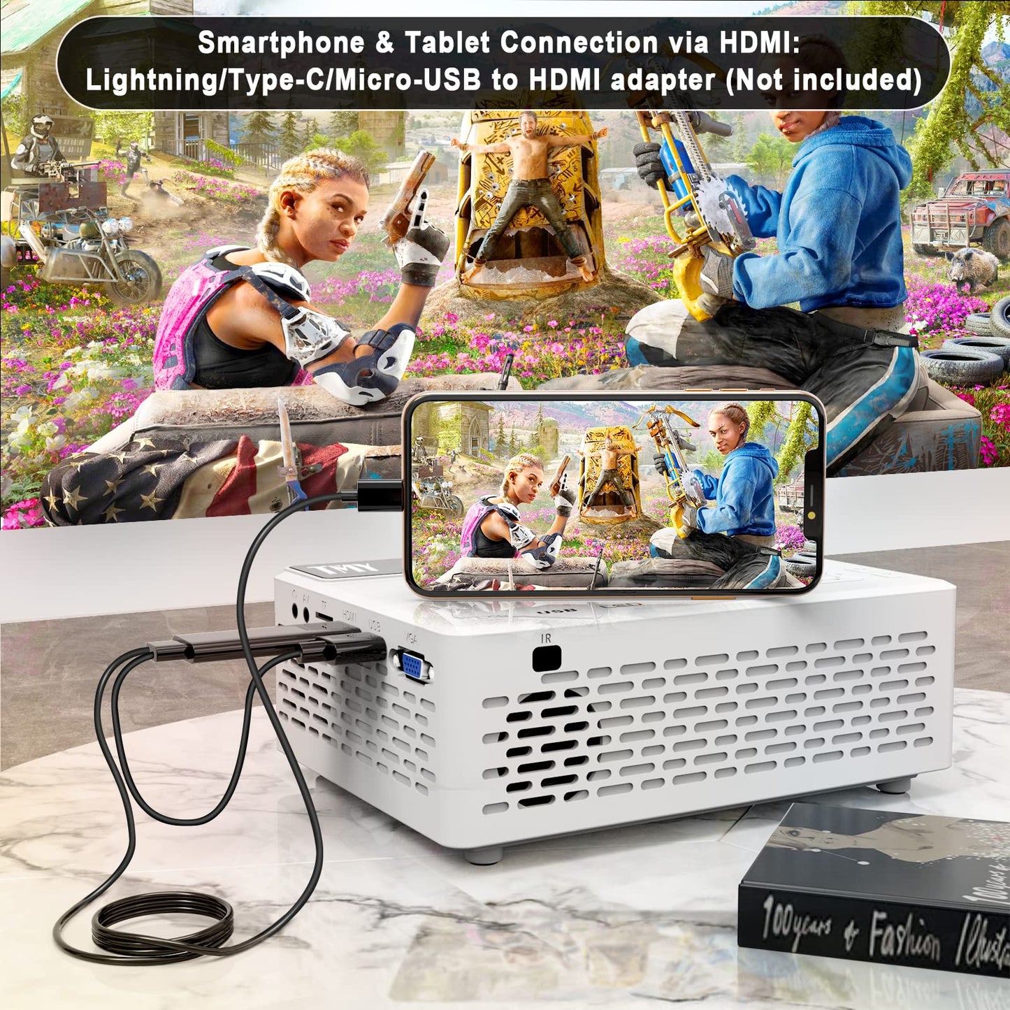 Mini Projector, 1080P Full HD Supported, Portable Movie Home Theater Projector Compatible with TV Stick Smartphone & Tablet PC HDMI USB AV TF