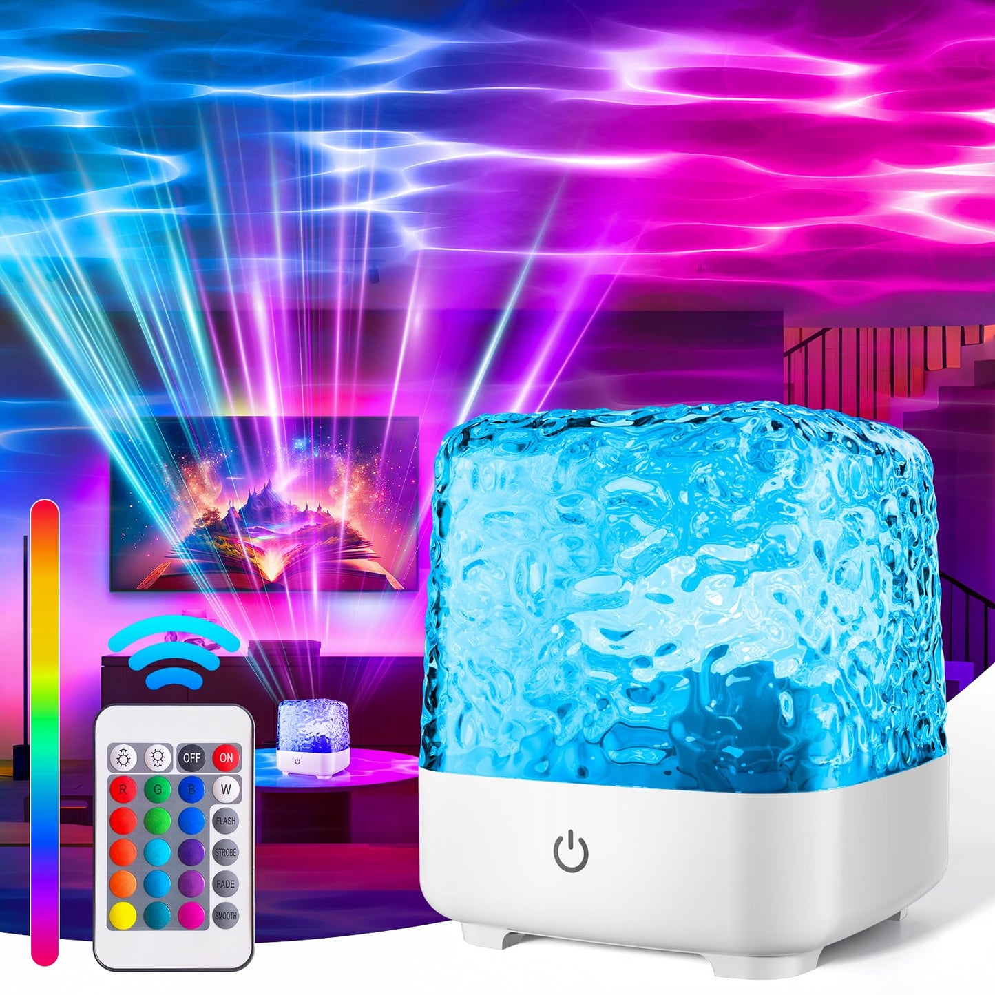 Northern Lights Projector, 2000 mAh Wireless 16 Colors Luminorthe Cube Crystal Lamp with Touch/Remote Control, Rechargeable Ocean Wave Night Light