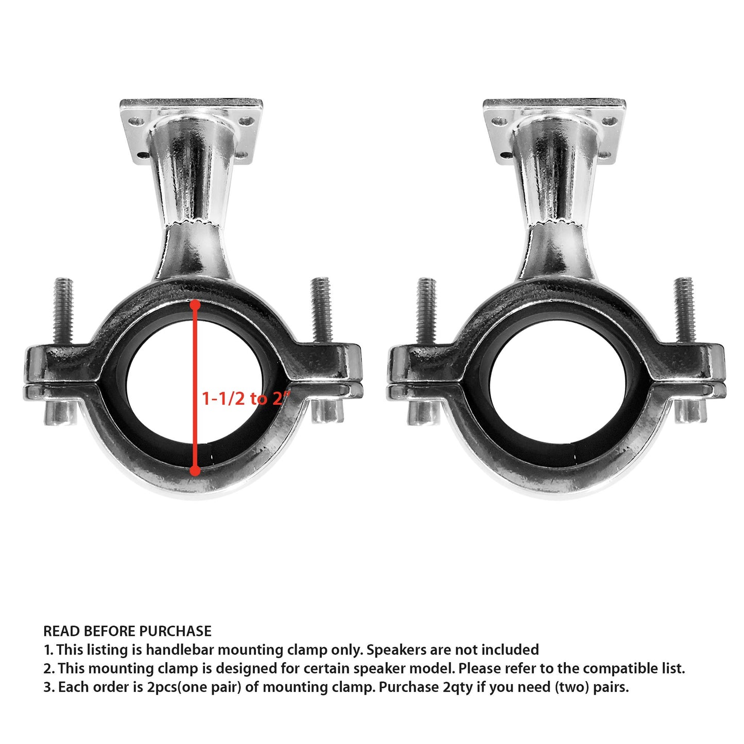 GoHawk Set of 2pcs(1Pair) 1-1/2 to 2 in. Roll-cage Bar Mounting Clamp Powersports Speakers AJ4 / AN4 / TJ4 / TN4 / AS5 / TS5 Series (Chrome)