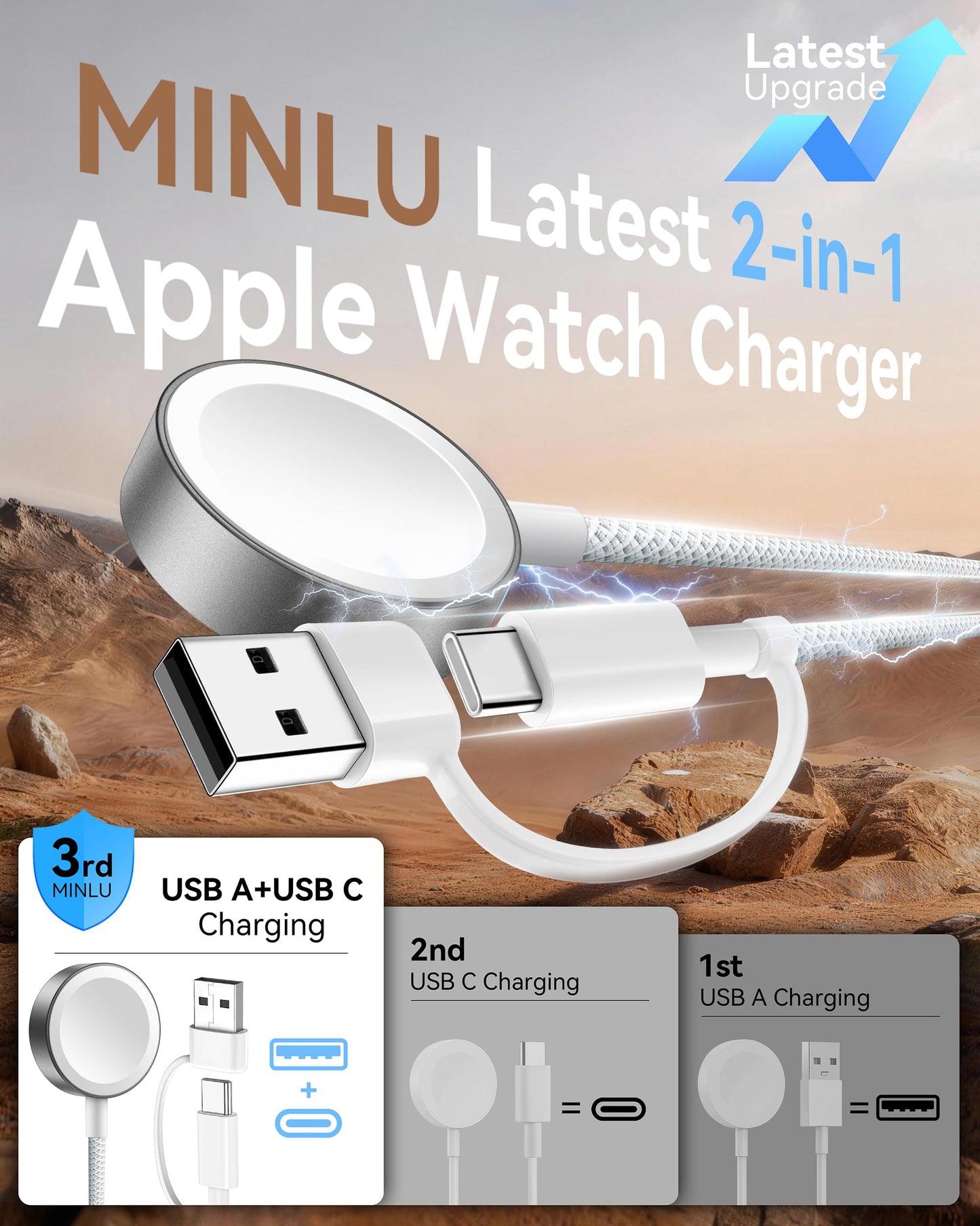 MINLU 2Pack 2 in 1 USB A/C Cable for Apple Watch Charger,4Ft Braided Portable Designed for Magnetic Wireless iWatch Charging Cord,Vacation Camping