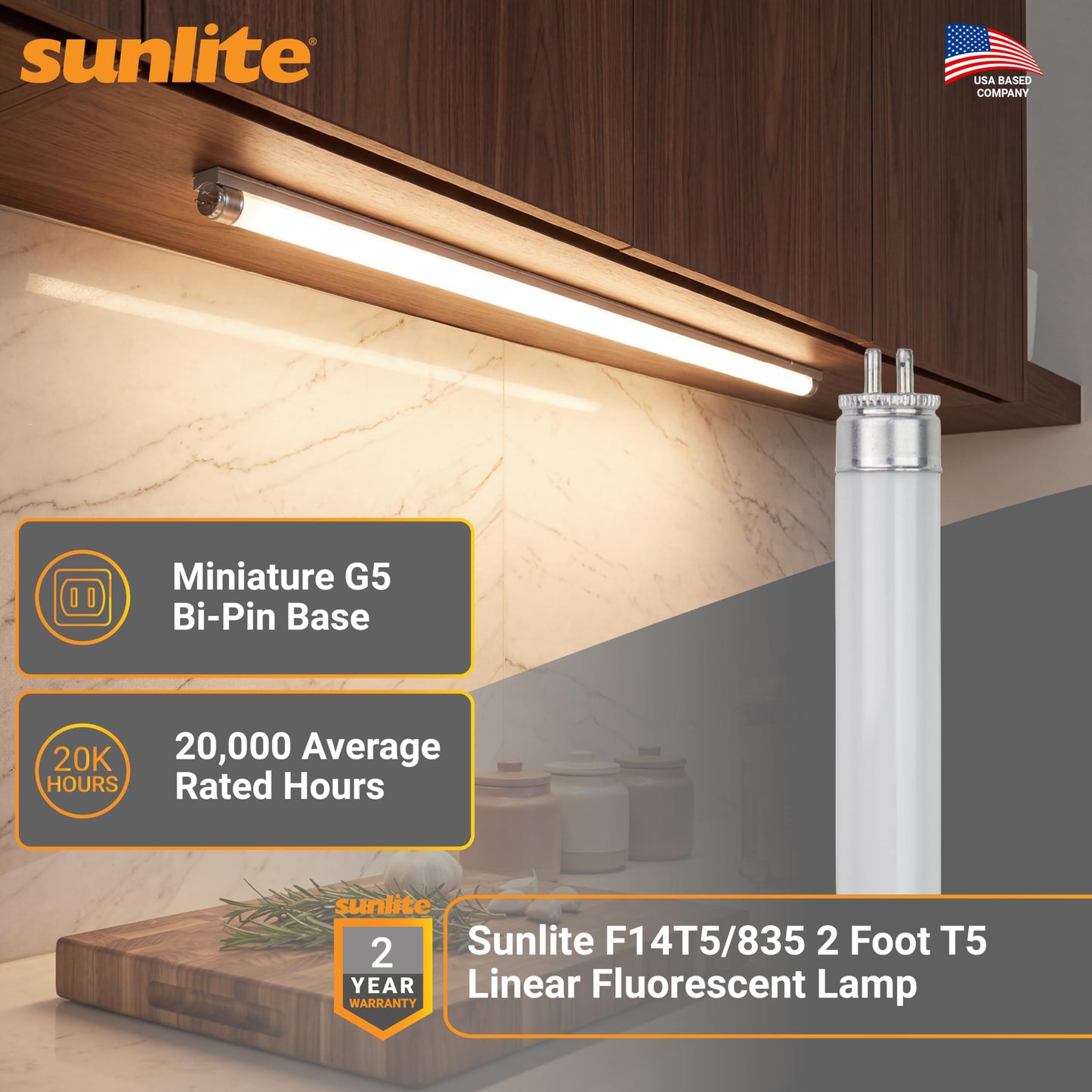 Sunlite 30305 F14T5/835 2 Foot T5 Linear Fluorescent Lamp, 14 Watts, 1200 Lumens, 3500K Neutral White, Miniature G5 Bi-Pin Base, ROHS Compliant, High