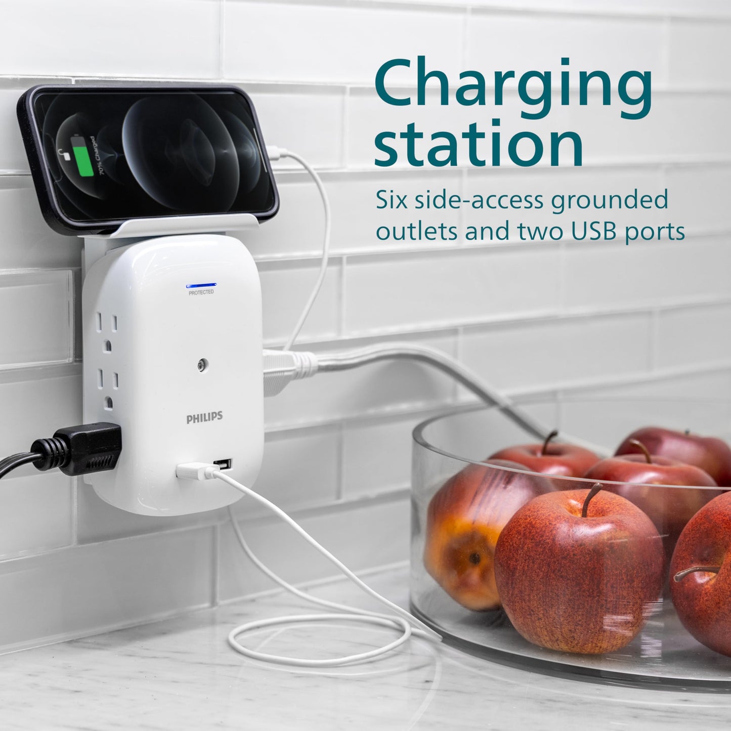 Philips 6-Outlet Tap with Device Shelf, 450J, Space Saving Design with Indicator Light, for Smartphone Charging Station, Multi-Use, 2 USB Ports