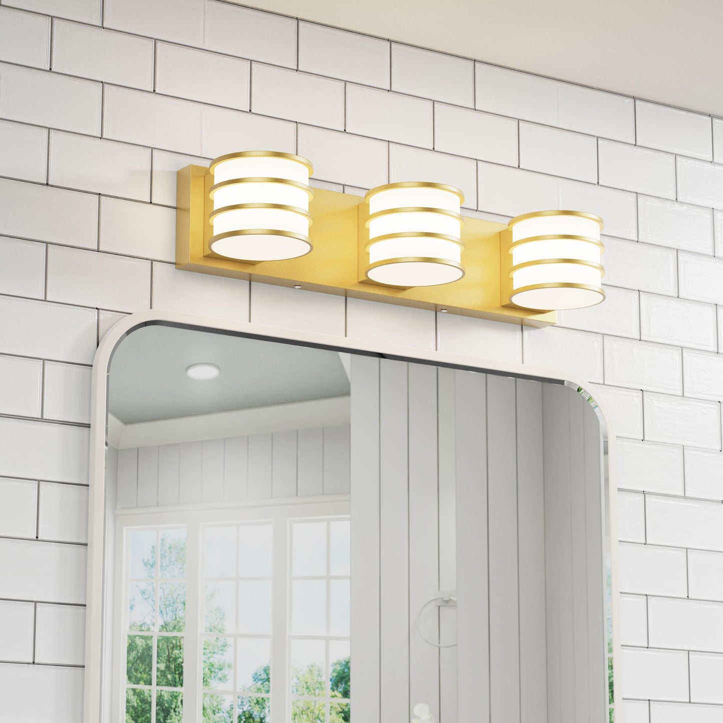 LED Bathroom Vanity Light - 20.5 Inch Gold 3-Light Fixture with White Acrylic Shades, 6000K Cool White, Mirror Lighting for Bathroom, Bedroom