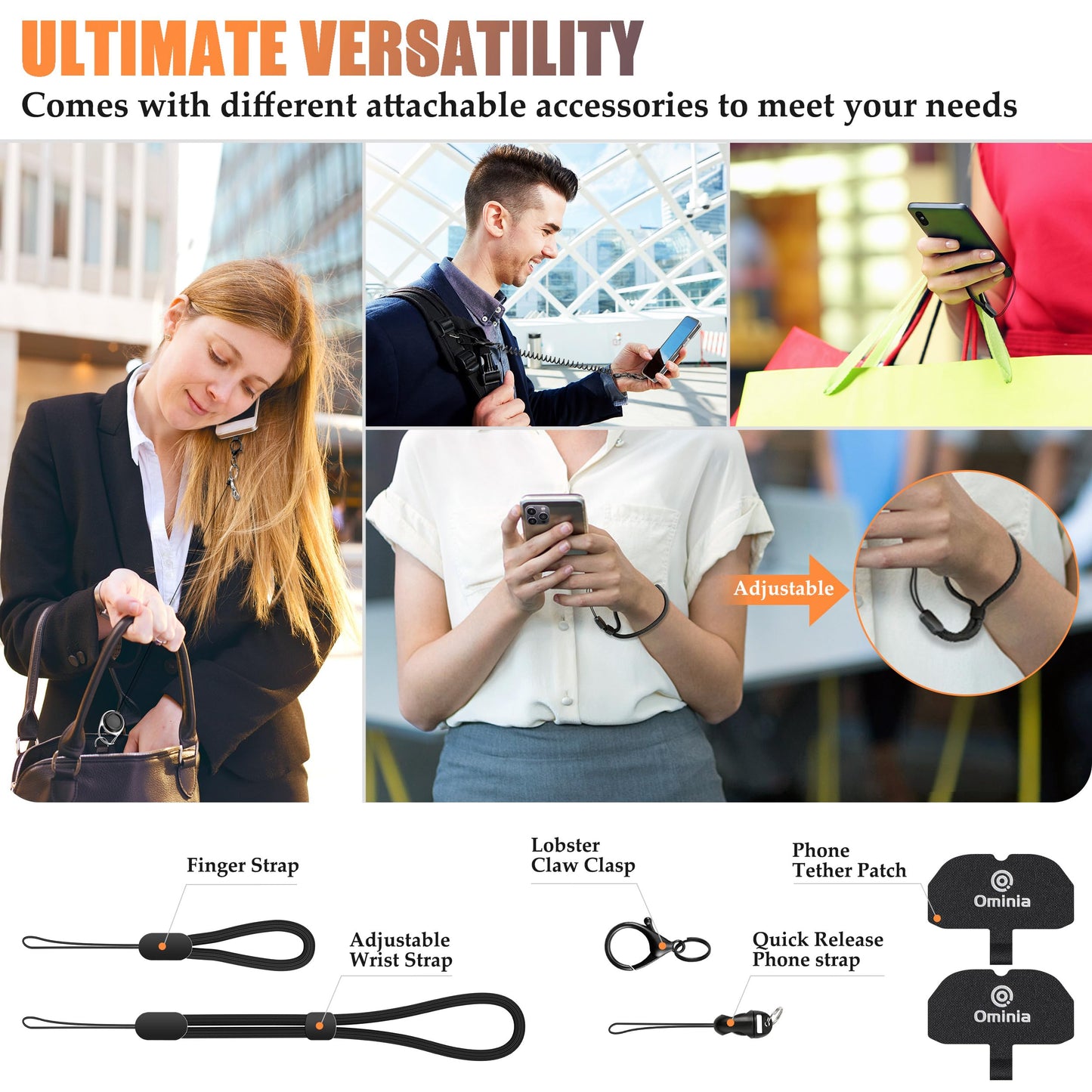 Ominia Retractable Phone Tether Lanyard: Anti-Theft Retractable Cellphone Lanyard with Universal Cellphone Tether Cord Wrist & Finger Strap Phone Cord