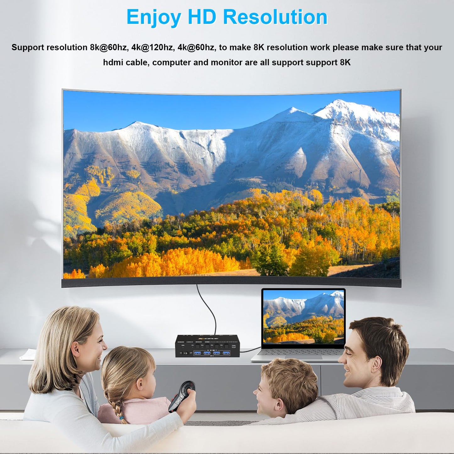 HDMI KVM Switch with Audio, 4 Ports KVM Switcher 8K@60Hz, with EDID Emulator for 4 Computers Share Mouse Keyboard and Monitor