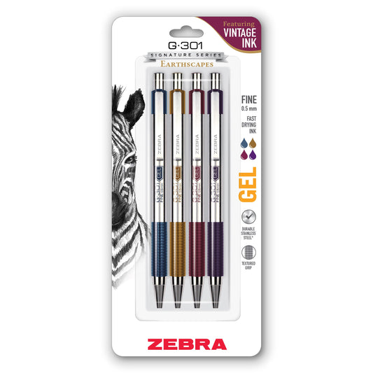 Zebra Pen STEEL G-301 Retractable Gel Pen, Assorted Vintage Ink, 0.5mm, 4Pk