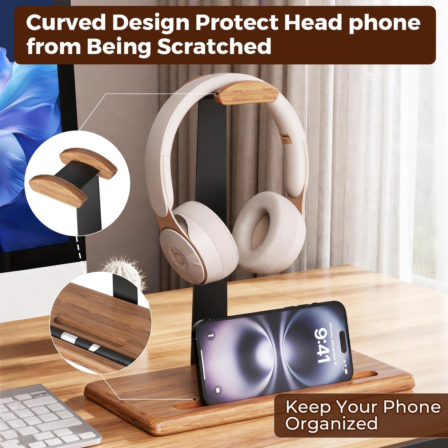 DEMEGA Walnut Headset Stand for Desk with Phone Holder | Headphone Stand Headphone Holder (Natural Wood)