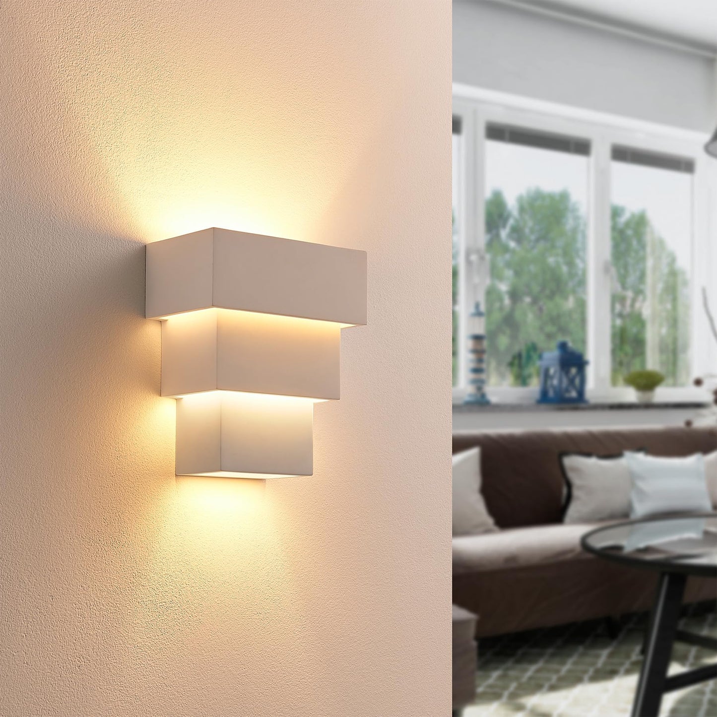 Lucande White Wall Sconce, Paintable Plaster Wall Light Fixture with 3 Tier Waterfall Design, Indoor Hardwired Wall Lamp for Living Room Decor Hallway