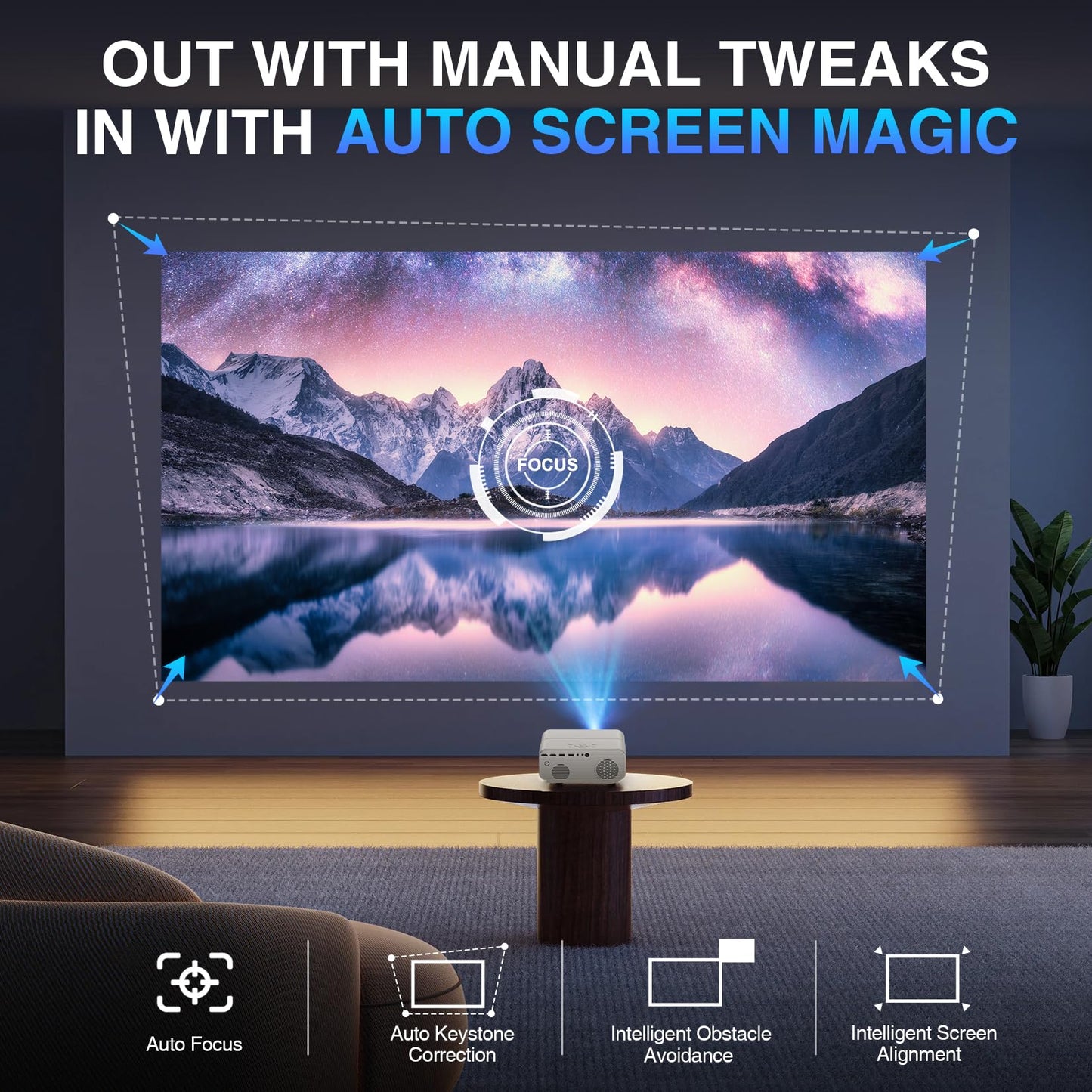 [Auto Focus/4K Support] Projector with WiFi and Bluetooth, Native 1080P Outdoor Movie Projector with Auto Focus/4P6D Keystone/50% Zoom/PPT, DBPOWER
