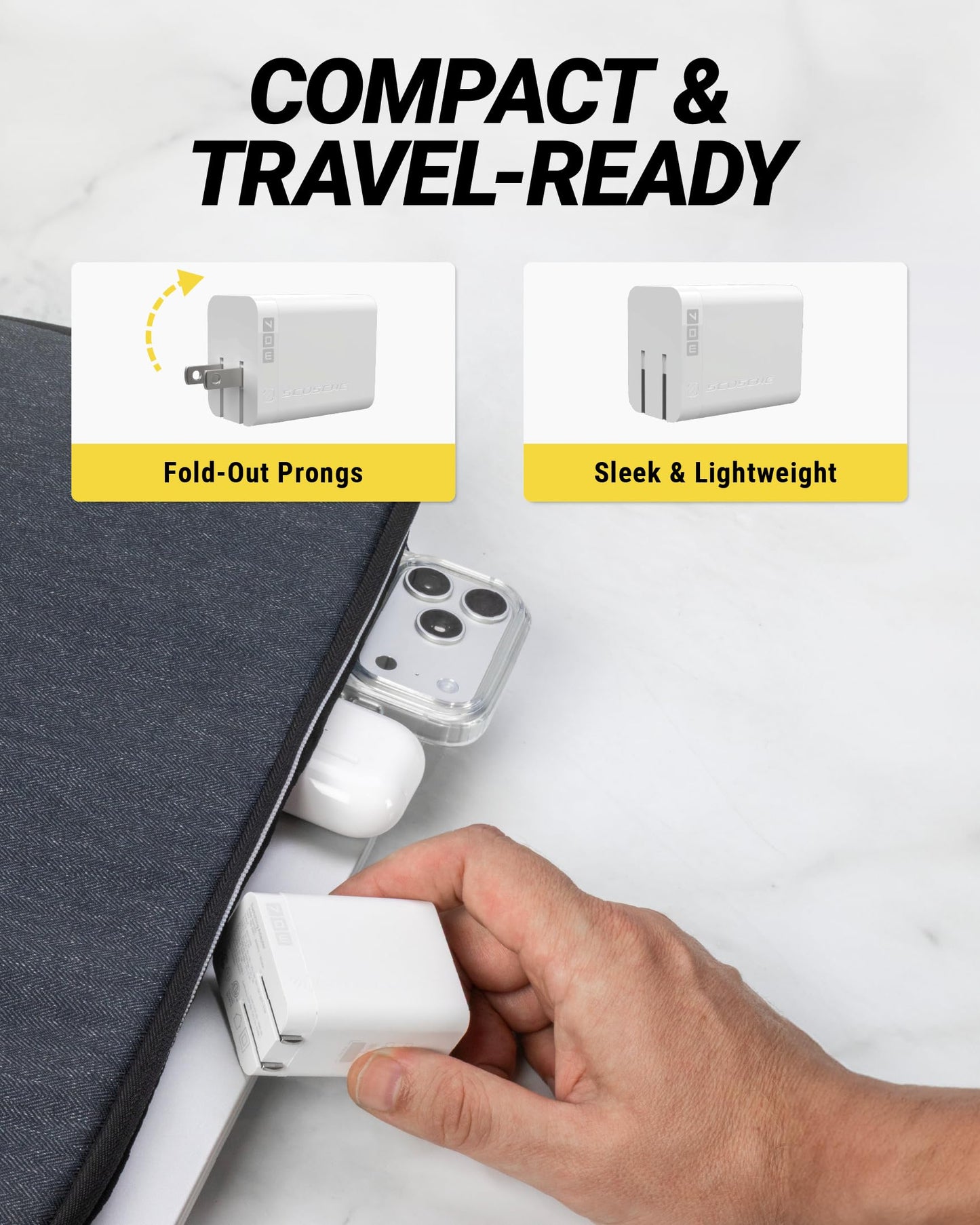 Scosche PowerVolt 70W Fast Charging Compact 3-Port Wall Charger Block, Dual USB-C & USB-A GaN Power Delivery Adapter with Foldable Plug for iPhone