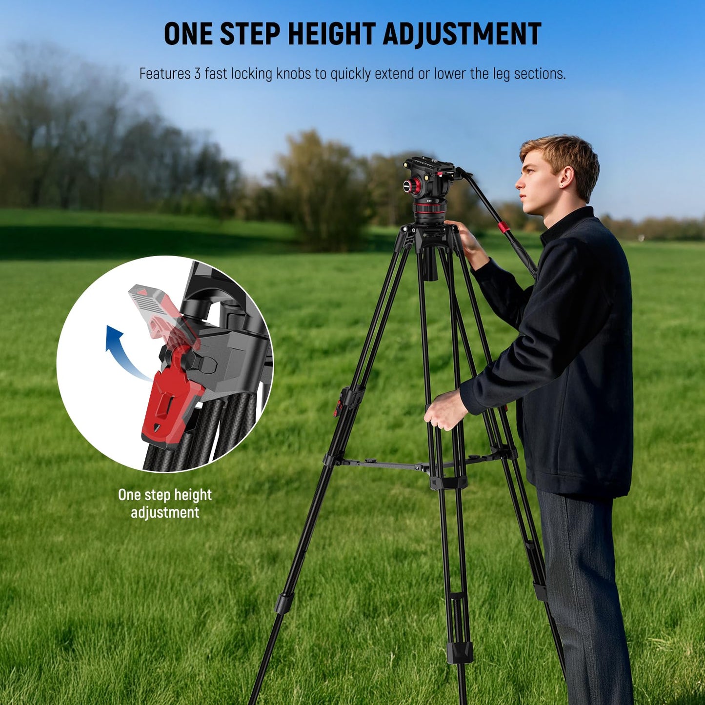 NEEWER 78" Video Camera Tripod Carbon Fiber with Damping Adjustable Fluid Head, One Step Quick Release with QR Plate & Handle, Heavy Duty Tripod Stand