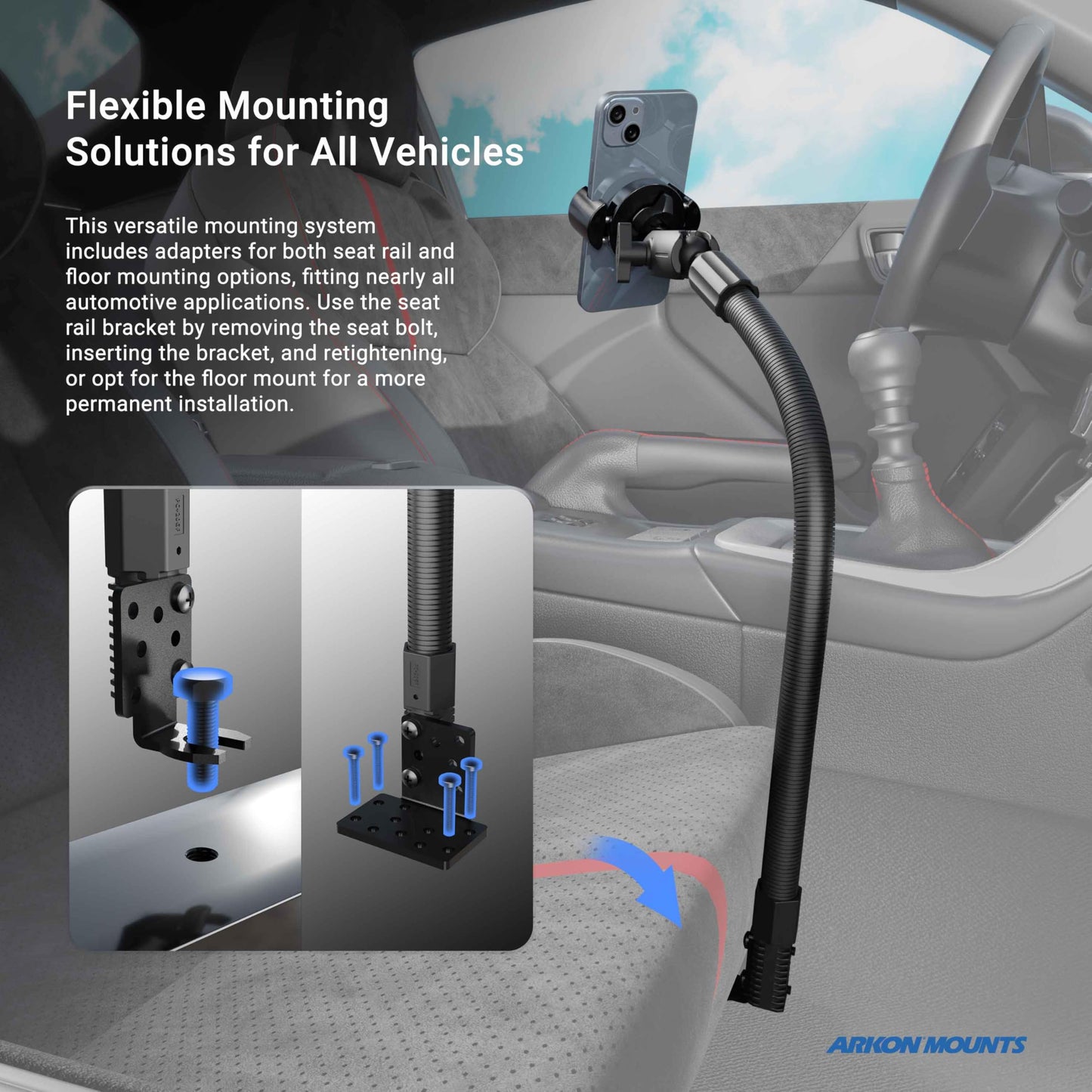 ARKON Mounts RoadVise XL Phone Holder with Seat Rail & Floor Mount | for Cars & Trucks | Solid & Flexible 18" Gooseneck | Solid 3.75" Shaft |
