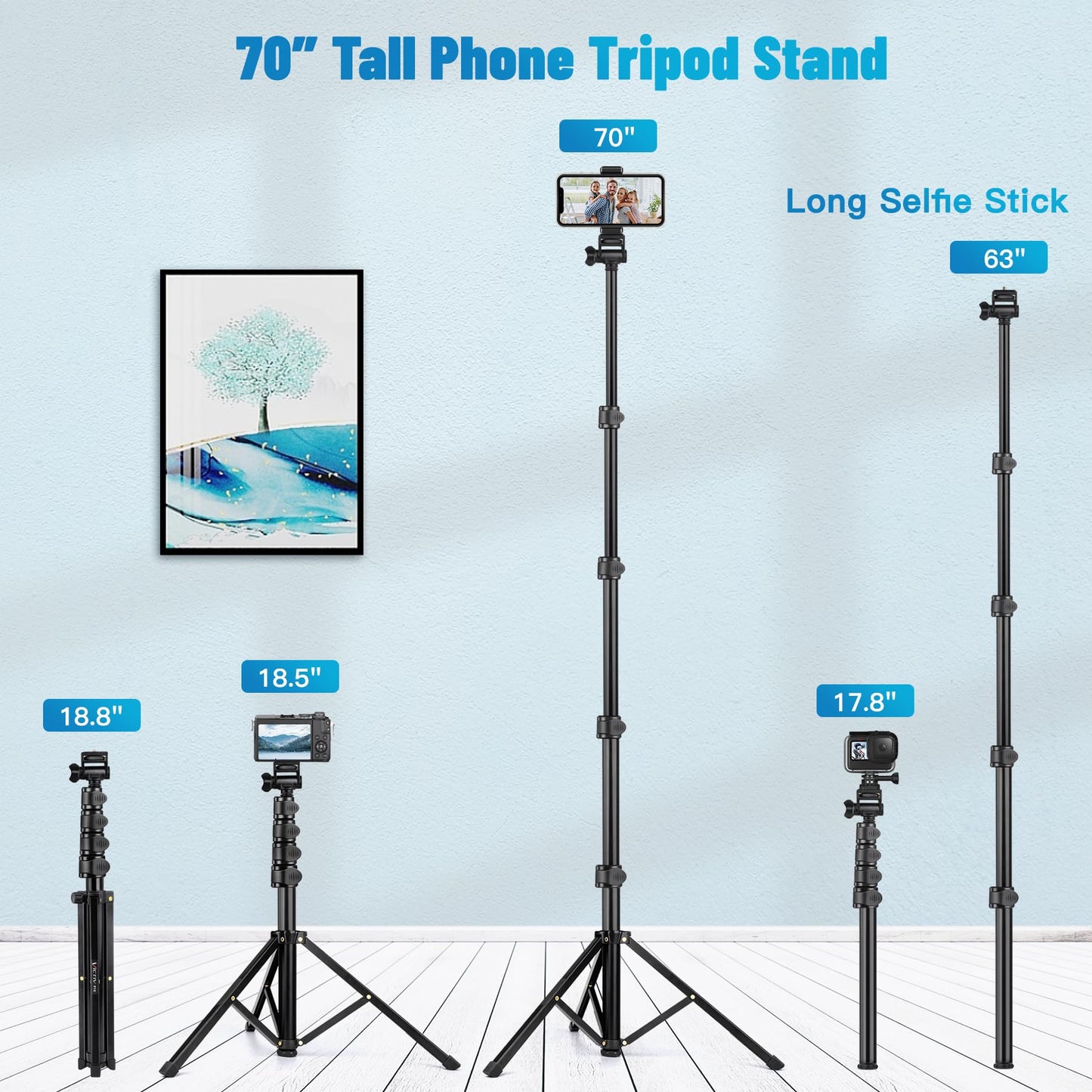 Victiv Phone Tripod, 70" Tripod for iPhone with Remote and Phone Holder, Sturdy & Stable, Adjustable Camera Stand & Selfie Stick Mode, Perfect