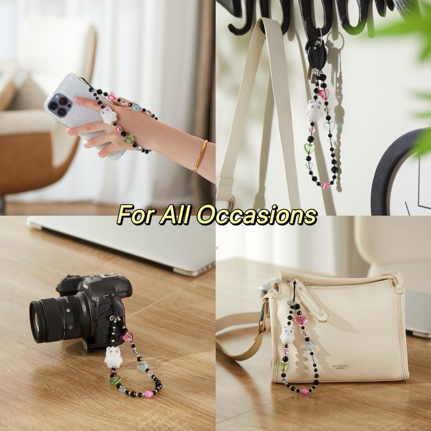 FREPERS Black Crystal Beads Phone Lanyard for Women, Cute Panda & Hearts Charm, Anti-Lost Wrist Strap with Thick Polyester Cord for iPhone 14/15/16