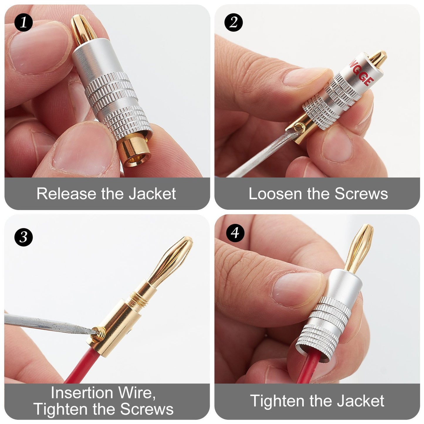 WGGE WG-009 Banana Plugs Audio Jack Connector, 24k Gold Dual Screw Lock Speaker Connector for Speaker Wire, Wall Plate, Home Theater, Audio/Video