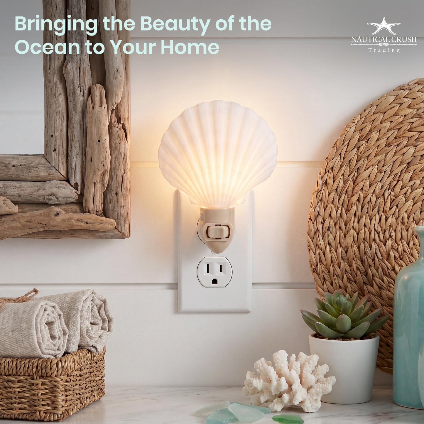 Nautical Crush Trading Seashell Night Light - Beach Night Light with White Clam - Shell Light for Bathroom - Sea Shell Lamp - Seashell Lamp Plug Into