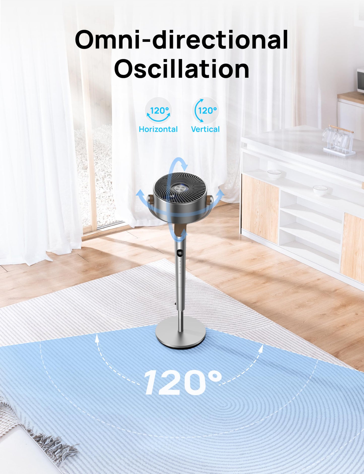 DREO Fan for Bedroom, 120°+120°Omni-directional Oscillating Fan, 90ft, DC Motor, 20 dB Quiet Standing Pedestal Fans, 8 Speeds, 3 Modes Circulator