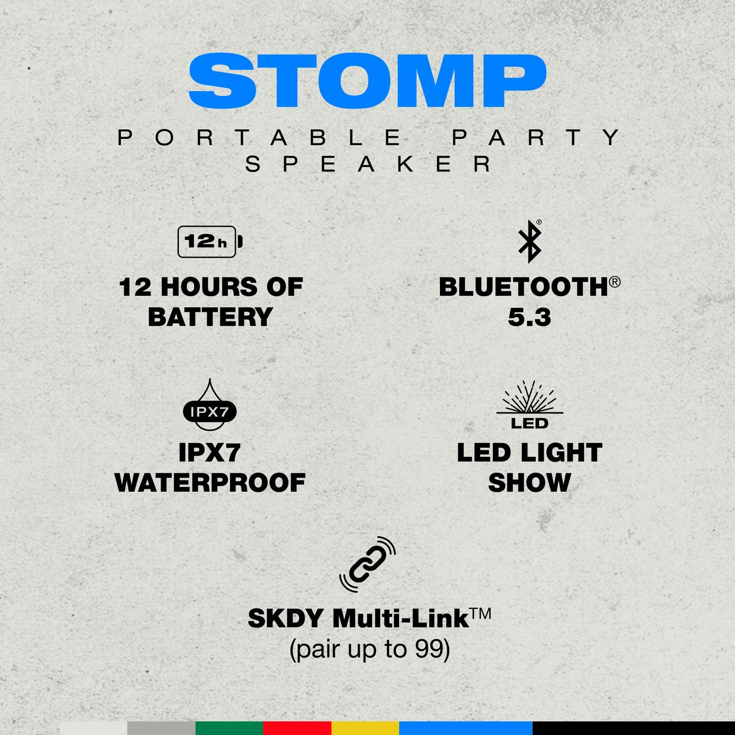 Skullcandy Stomp Bluetooth Speaker - IPX7 Waterproof Wireless Portable Speaker, with LED Lightshow & Strobe Modes, 12 Hour Battery, Multi-Link,