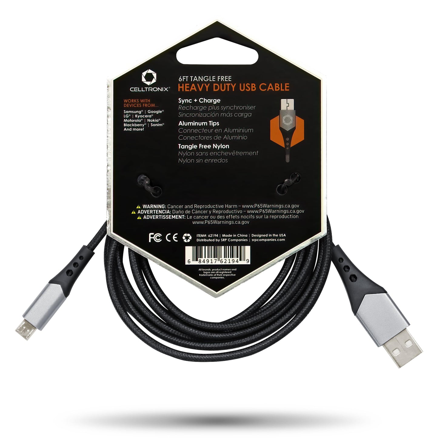 Celltronix Titanium 6FT Fast Charging Tangle Free Heavy Duty Micro to USB Cable. Built to Last! Includes Sync+Charge & Aluminum Tips for Optimum