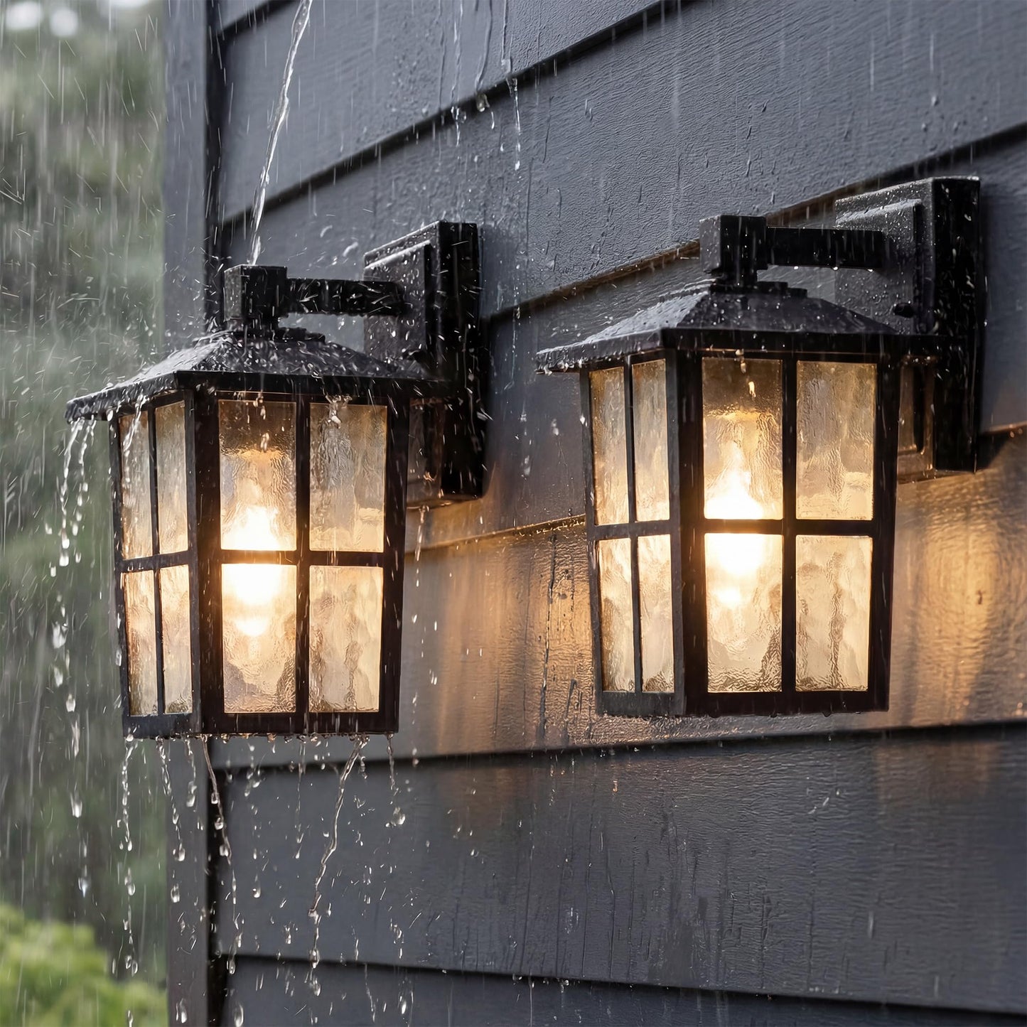 KDG Outdoor Waterproof Patio Wall Light Fixtures Set of 2, Black E26 Socket Exterior Lanterns with Tempered Glass, Modern Wall Mounted Lamp Suitable