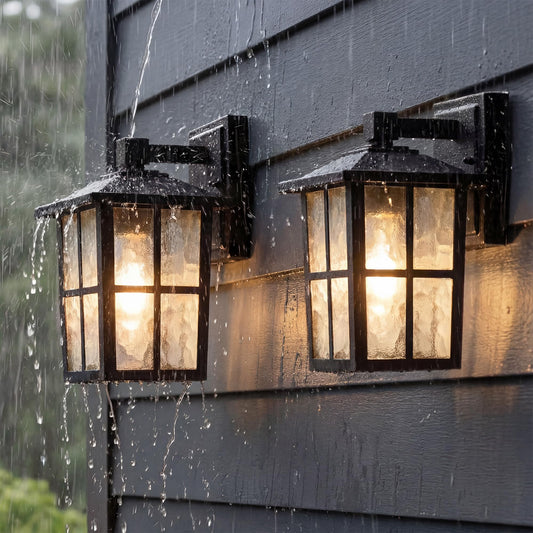 KDG Outdoor Waterproof Patio Wall Light Fixtures Set of 2, Black E26 Socket Exterior Lanterns with Tempered Glass, Modern Wall Mounted Lamp Suitable