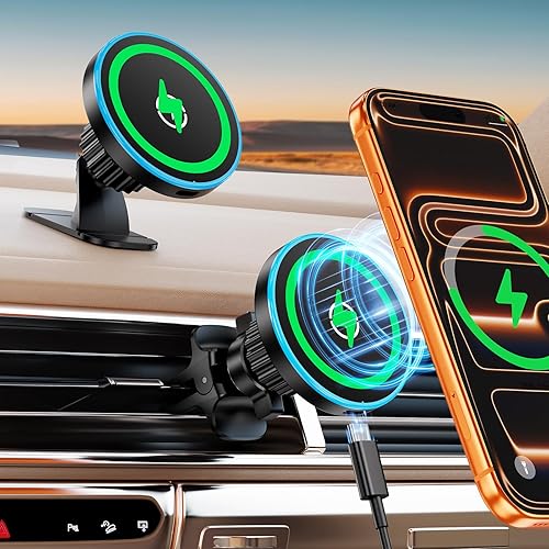 for Magsafe Car Mount Charger, [100% Stable] 15W 2 in1 Magnetic Wireless Car Charger, Vent/Dashboard Phone Holders for Your Car for Women Men Car