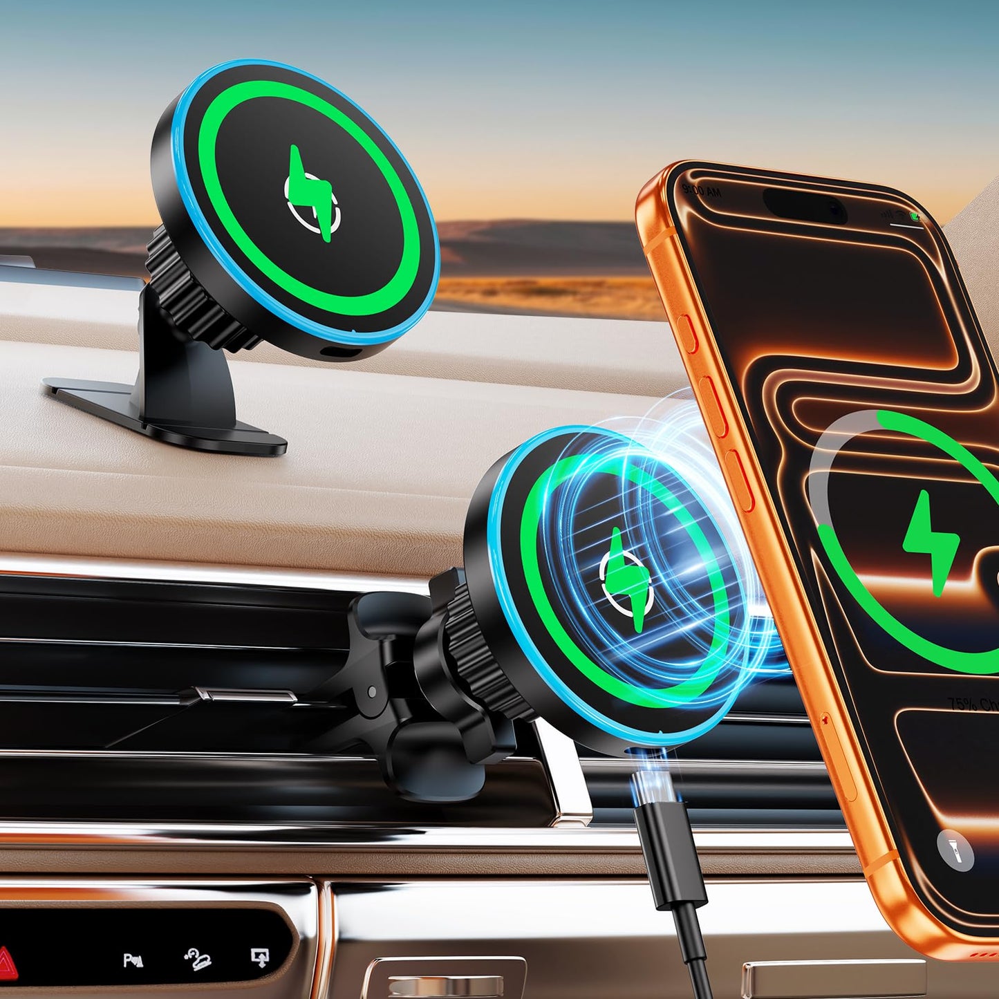 for Magsafe Car Mount Charger, [100% Stable] 15W 2 in1 Magnetic Wireless Car Charger, Vent/Dashboard Phone Holders for Your Car for Women Men Car