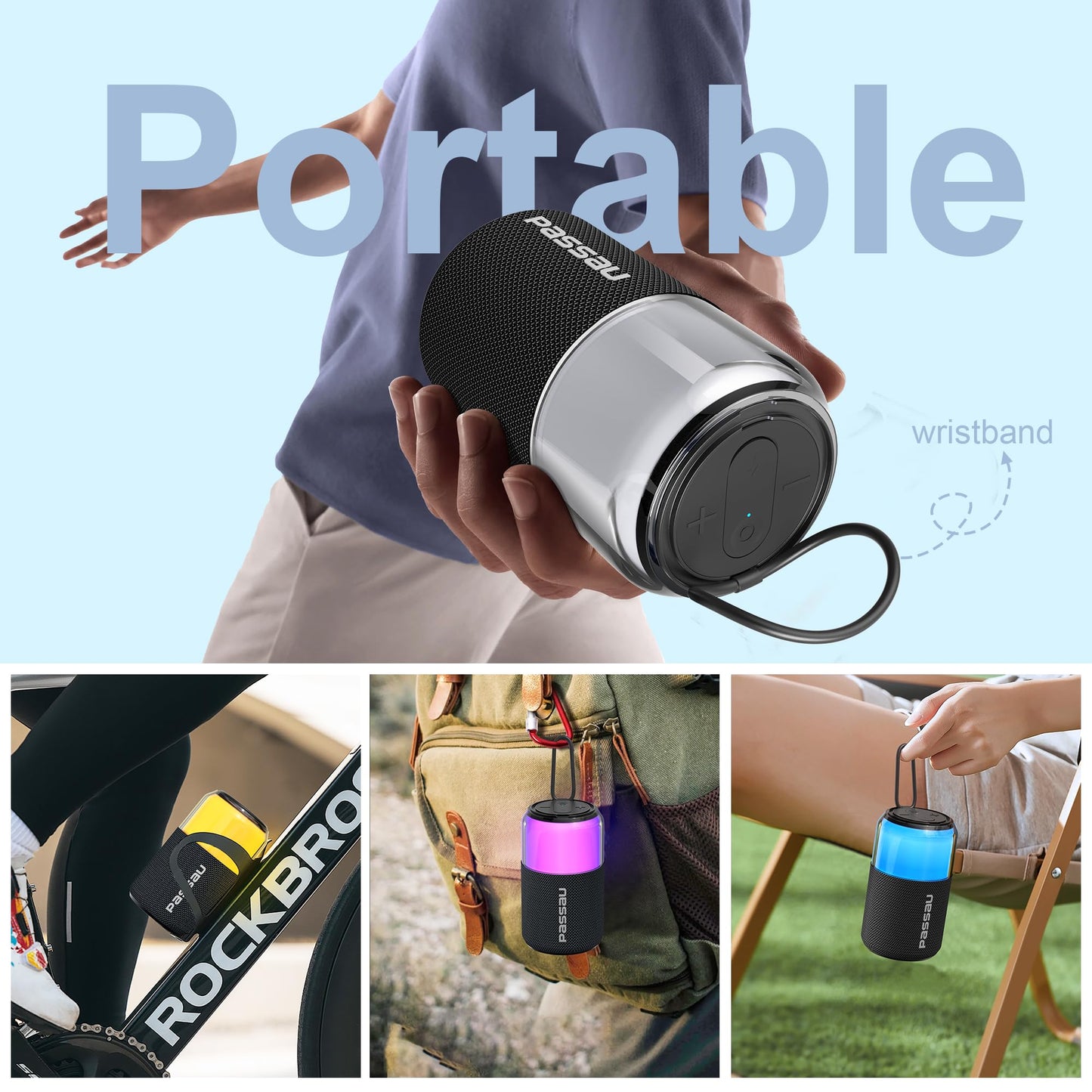 Passau Portable Bluetooth Speaker with Lights Show, 15W Loud Clear Sound, White Elephant Gifts for Adults, BT 5.4, LED Lights up Speakers Stocking