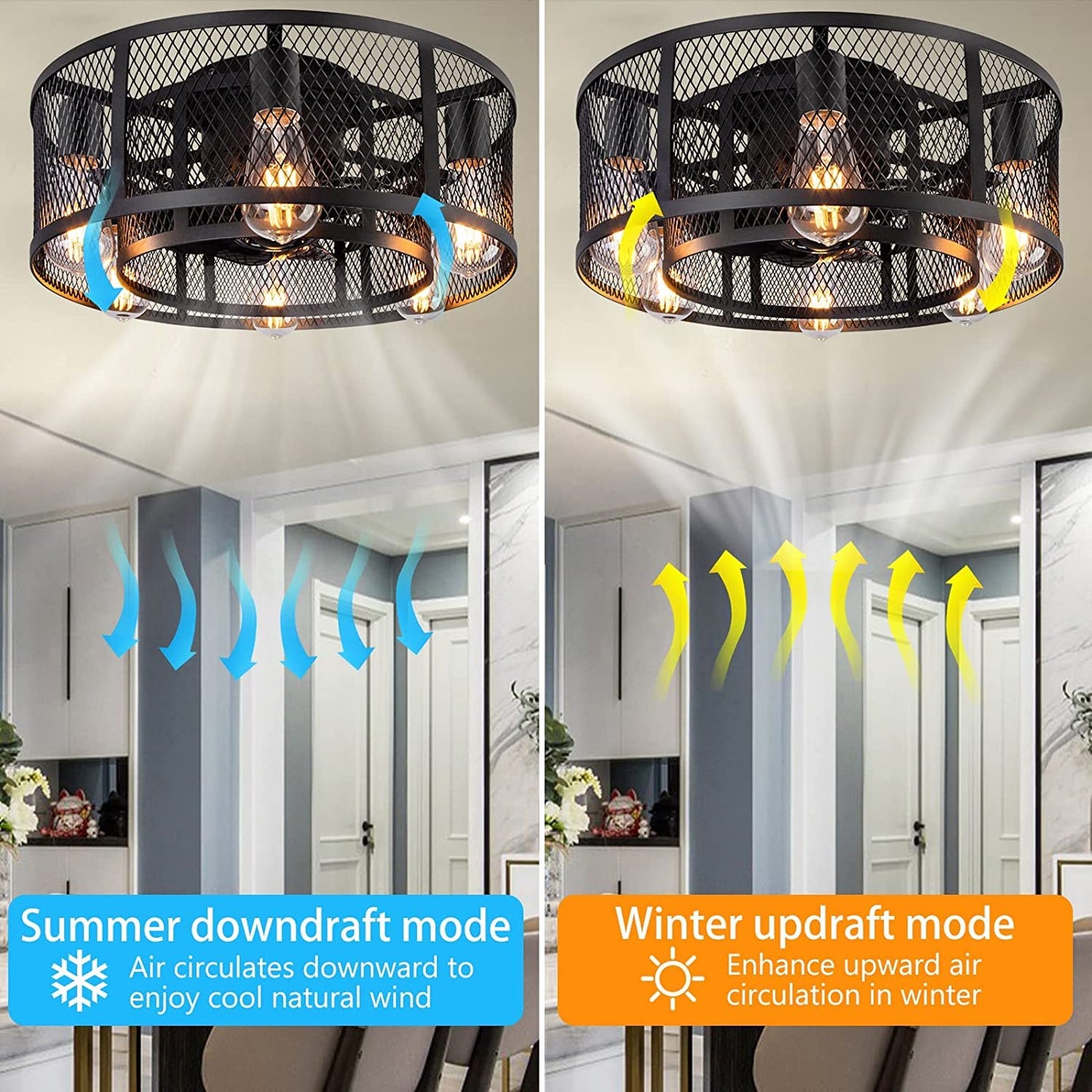 Ohniyou Cage Ceiling Fan with Light - 21'' Farmhouse Flush Mount Ceiling Fan Remote Control, Small Bladeless Caged Ceiling Fan for Kitchen Bedroom