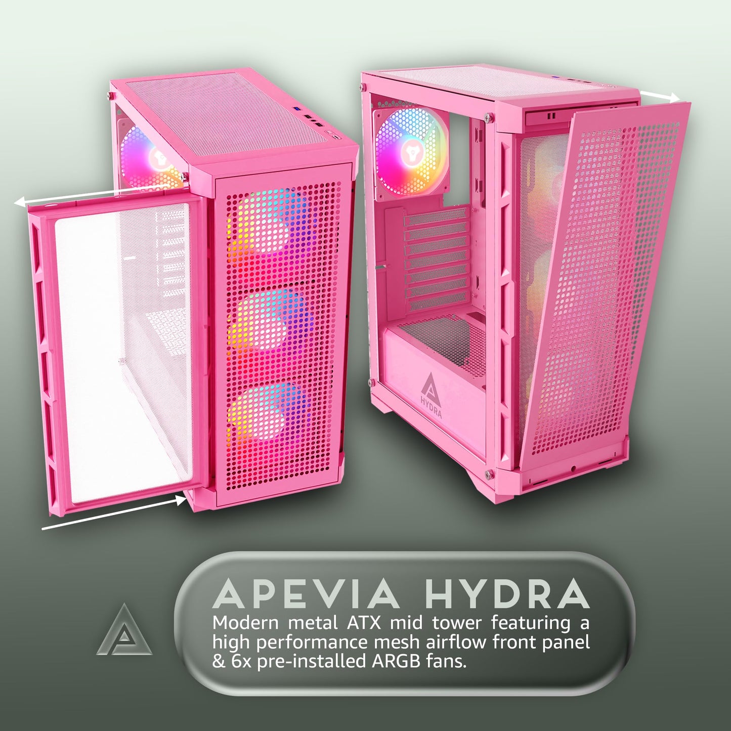 Apevia Hydra-PK Hydra Mid Tower Gaming PC Case w/ 6X 120mm ARGB Fans, 366 RGB Light Modes, High Performance Breathable Airflow Mesh Front Panel