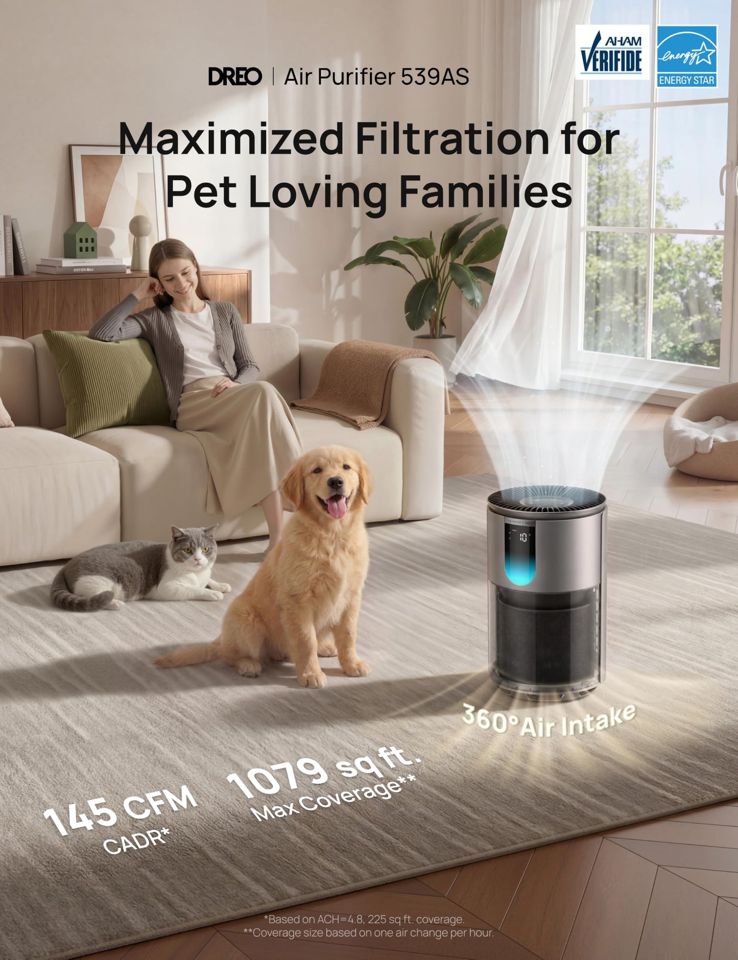 DREO Smart Pet Air Purifier for Home, Bedrooms Air Cleaner with Wi-Fi/Voice/Alexa, Auto/Turbo/HEPA Sleep Mode for Smoke, Dust, Pollen, Odor, PM2.5
