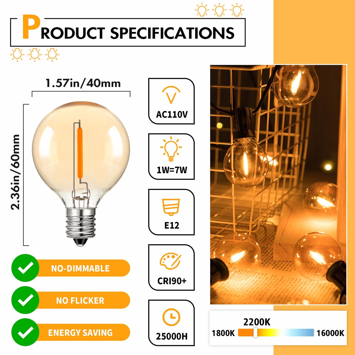 Sphoon G40 Led Replacement Light Bulbs,1W E12 Candelabra Light Bulbs,50lm