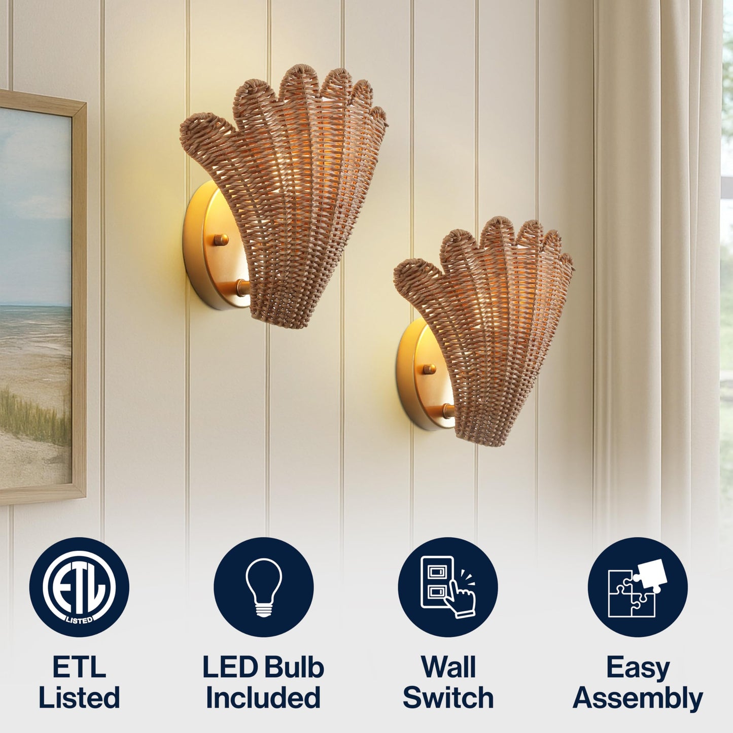 JONATHAN Y 11.5" Gold and Brown 1-Light Rattan Wall Sconce Set of 2, Vintage Coastal Scallop Shell Sconce for Bedroom Hallway, Hardwired, LED Bulbs