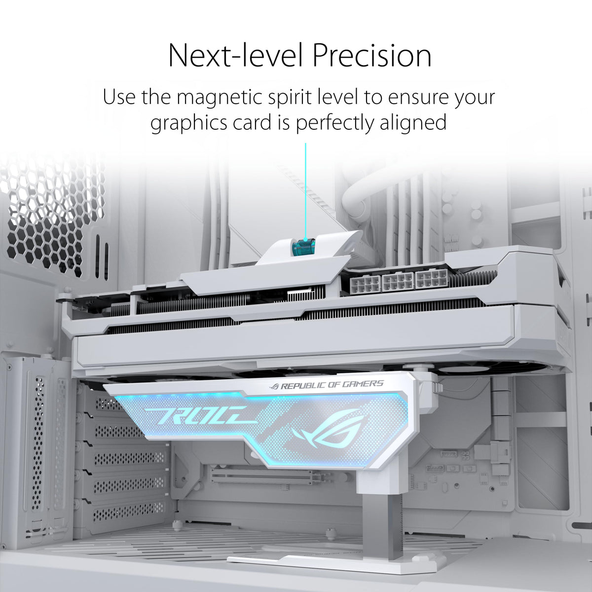 ASUS ROG Herculx White GPU Anti-Sag Holder, Solid Zinc Alloy Construction, Easy Toolless Installation, Included Spirit Level, Adjustable Height, Wide