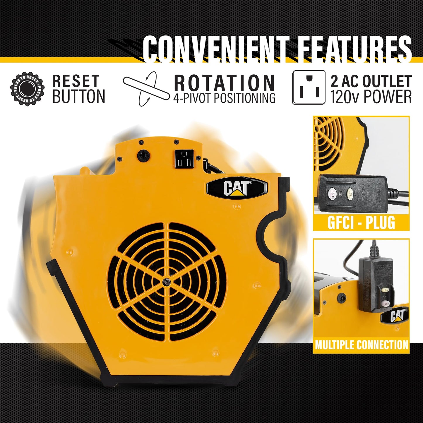 CAT fans - High Velocity 1200 CFM, Multi Pivoting Cooling, Ventilating, Drying Fan W/ 2 Grounded AC Outlets, Adjustable 4 Speed Enclosed Dual Ball