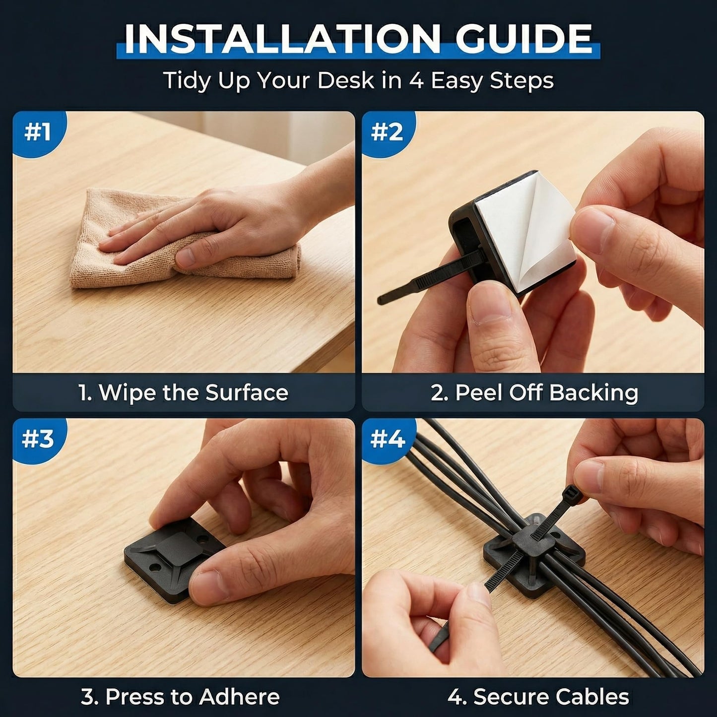 Zip Tie Mounts - SeuYeugX 100PCS Cable Self Adhesive Mounts Set for Wire Management with Stick Pads Anchors Clips Squares Holders (Black)