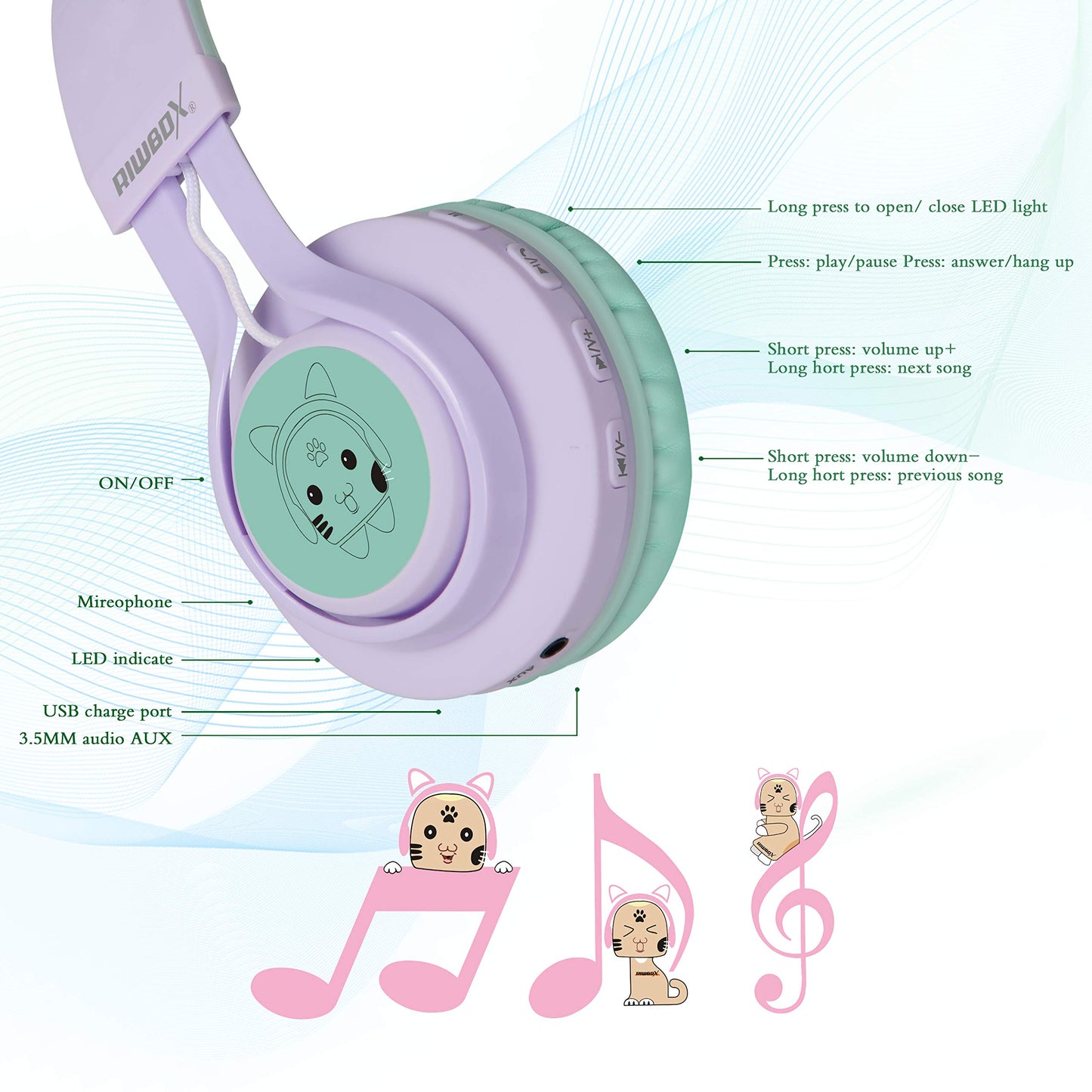 Riwbox Kids Wireless Headphones, CT-7S Cat Ear Bluetooth, 85dB Volume Limiting, LED Light Up Over Ear with Microphone for Laptop/PC/TV (Purple&Green)